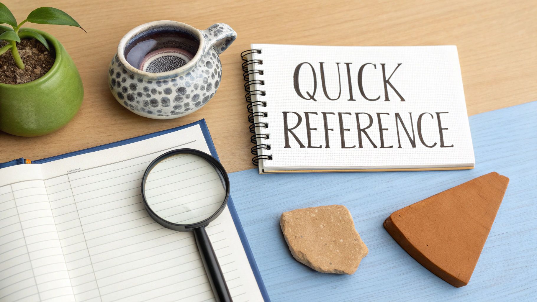 A flat lay of desk items including a potted plant, ceramic pot, notebooks, magnifying glass, and decorative stones.