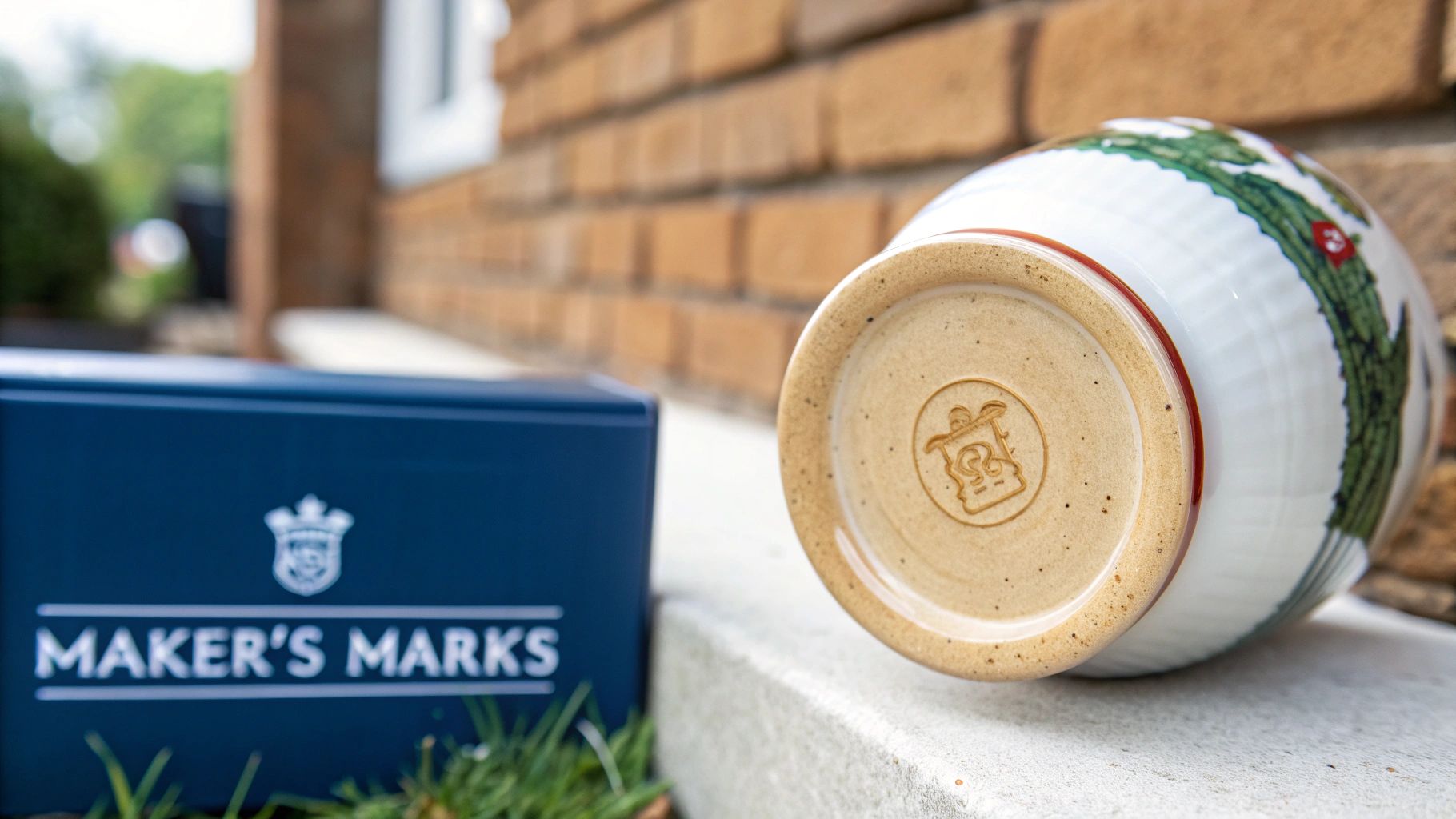 A close-up of a maker's mark on the bottom of a Toby jug.