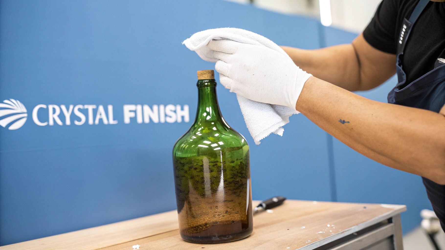 Several gleaming, clean vintage bottles drying on a clean white cloth.
