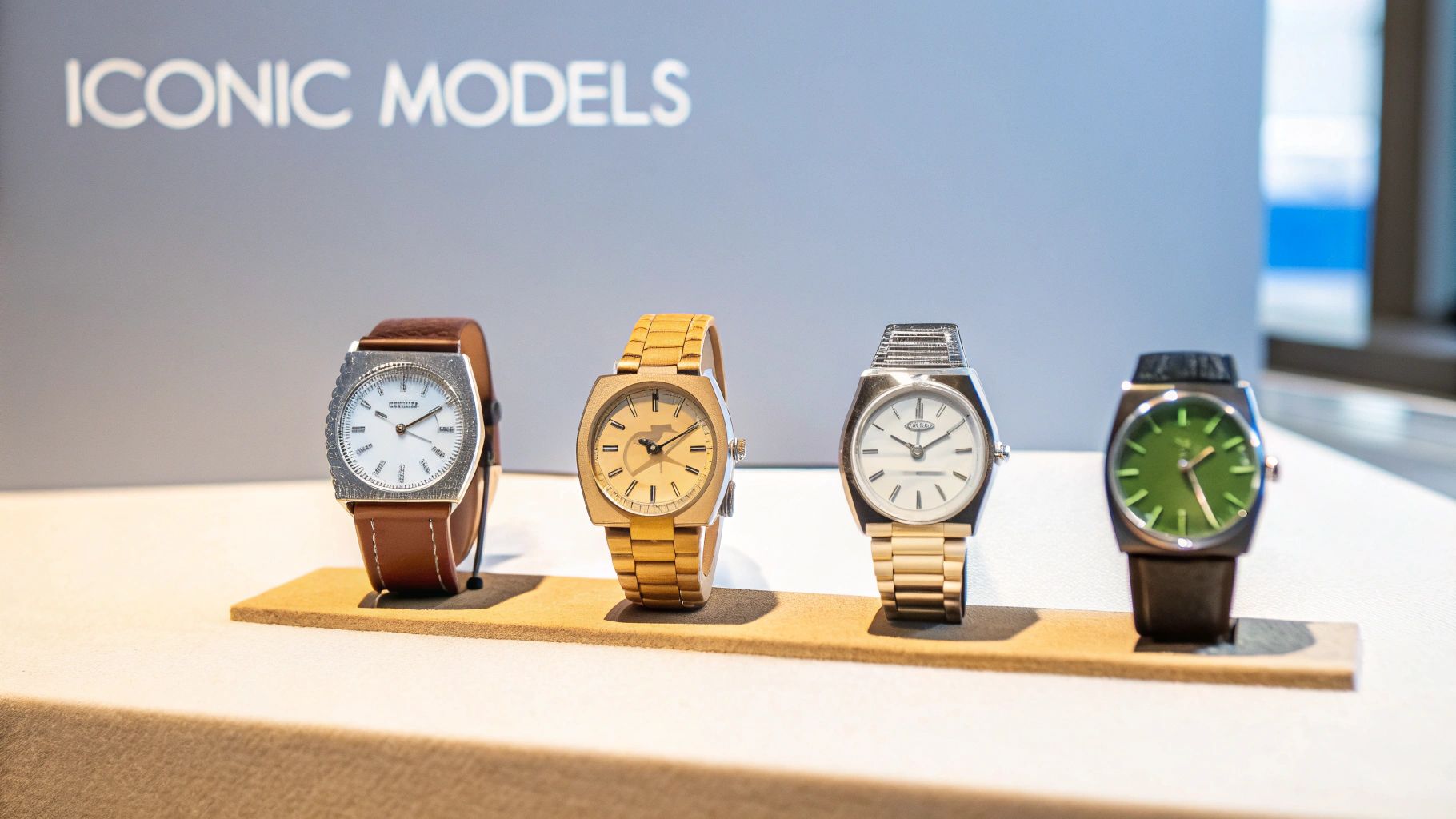 A classic Seiko Astron 35SQ, the first commercial quartz watch, is shown with its iconic gold case and dark dial.