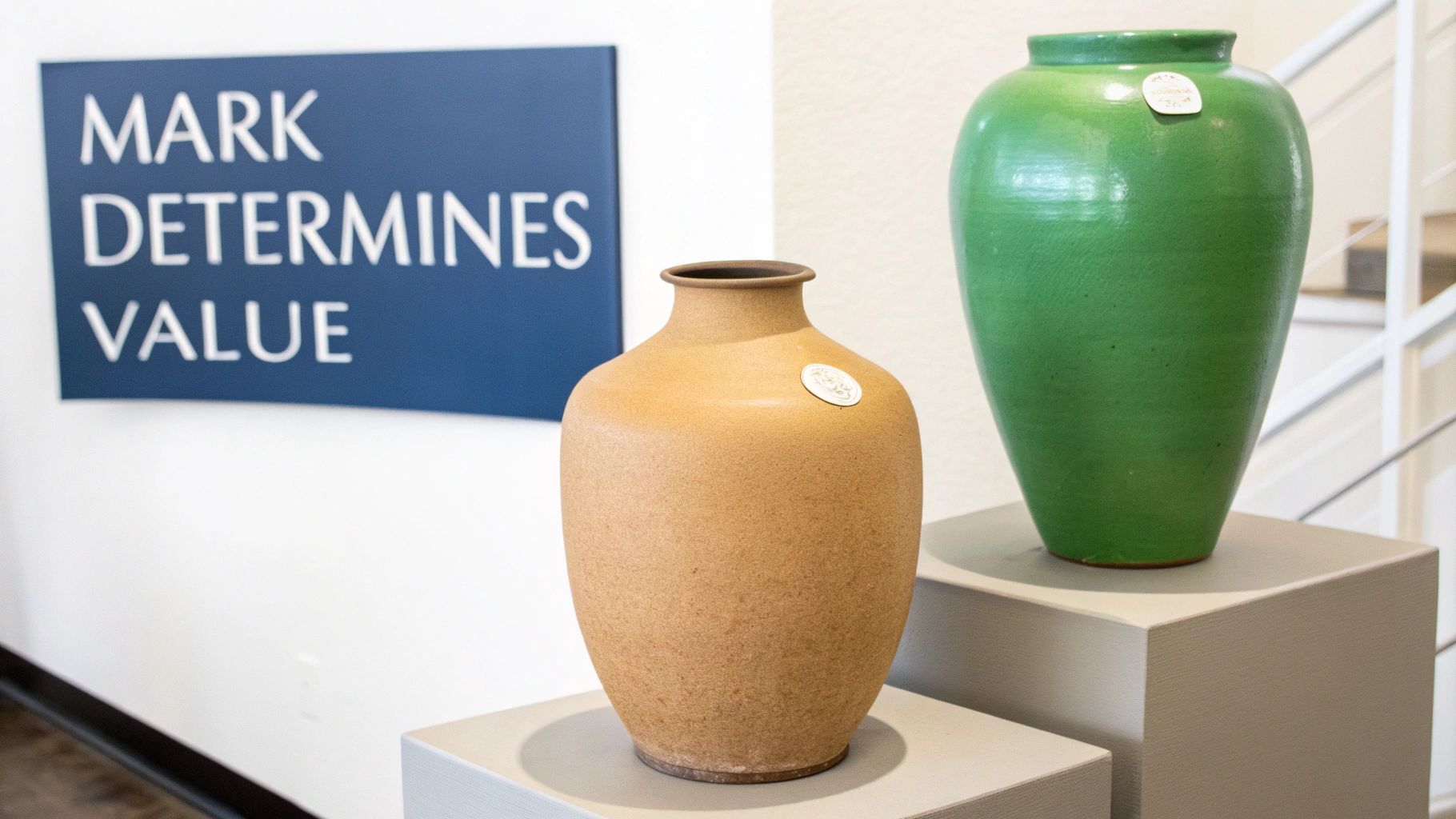Two ceramic vases, one brown and one green, displayed on pedestals with a sign in the background.