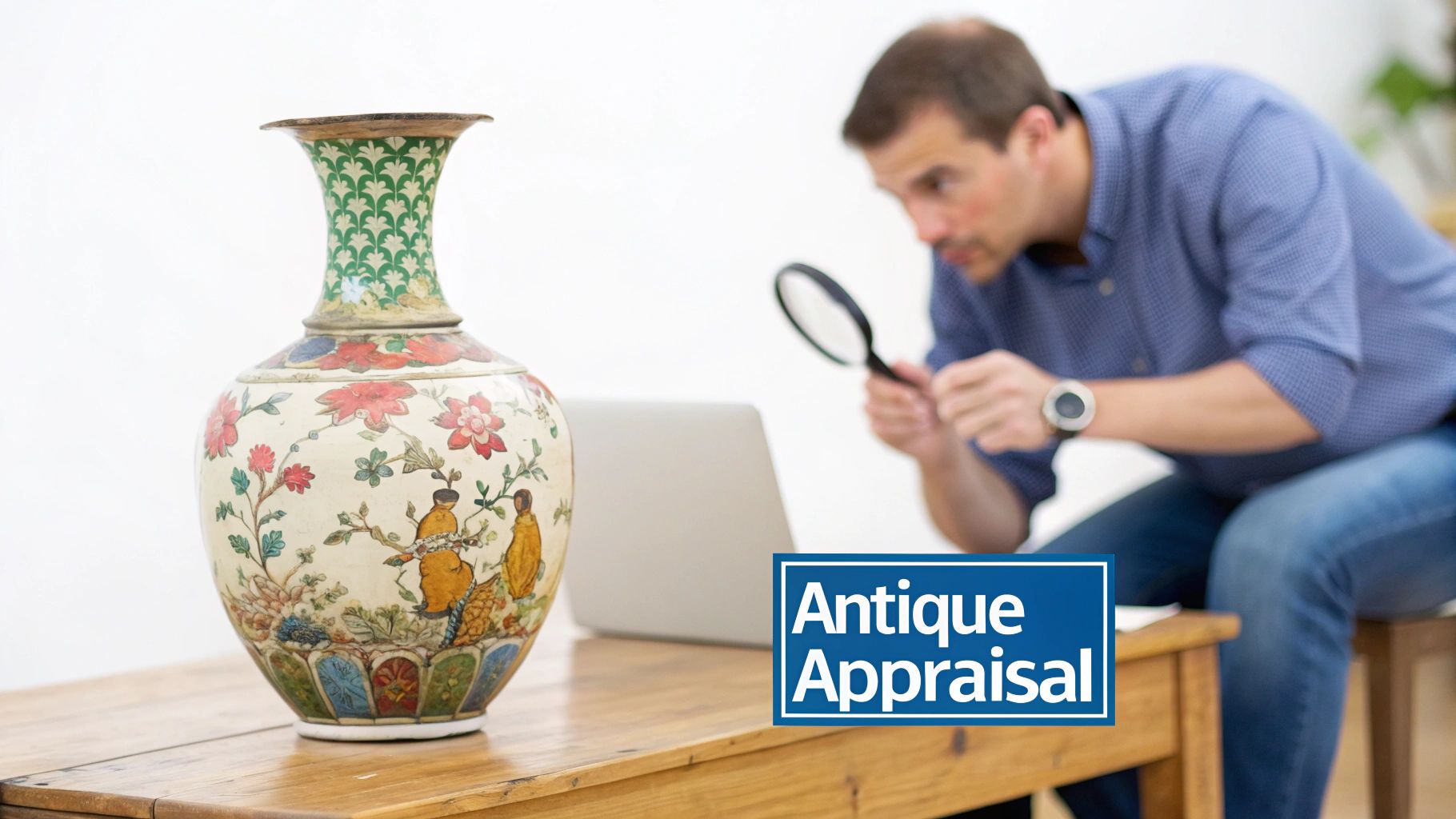 A man appraises an ornate antique vase with a magnifying glass and laptop, beside 'Antique Appraisal' text.