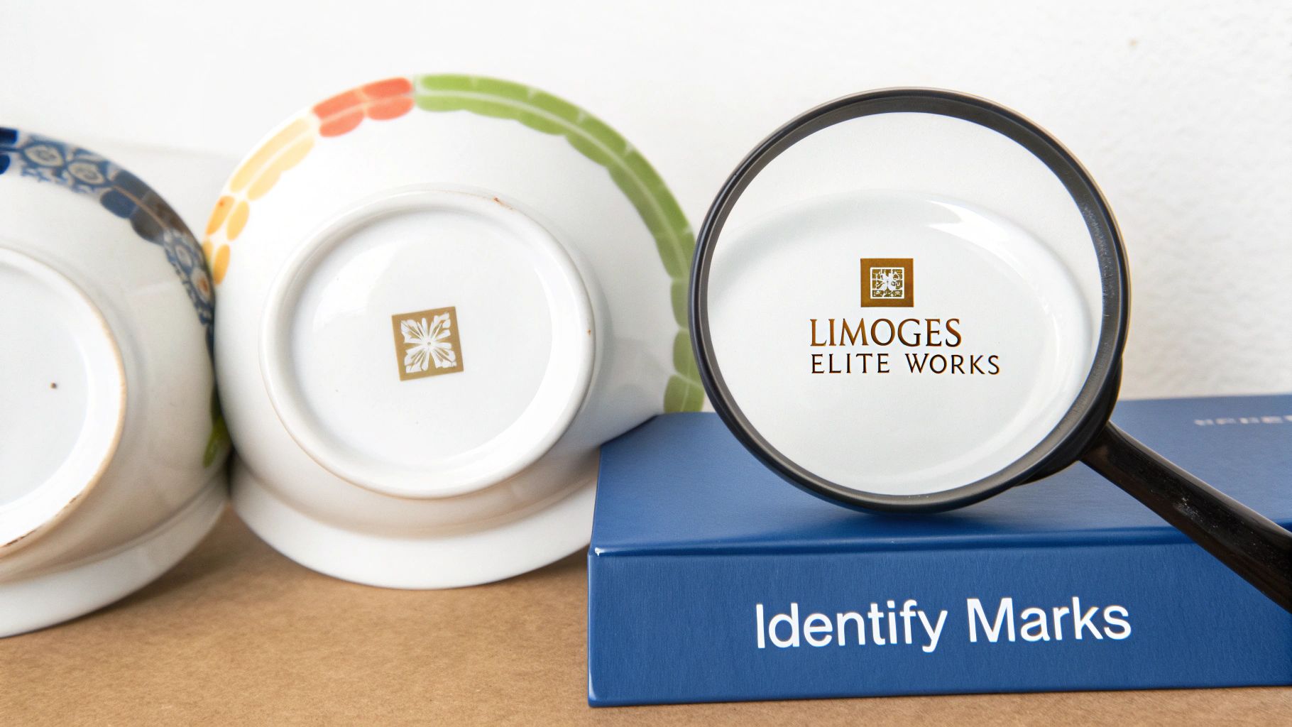 Close-up of ceramic bowl marks, a magnifying glass showing 'Limoges Elite Works', and a book titled 'Identify Marks'.
