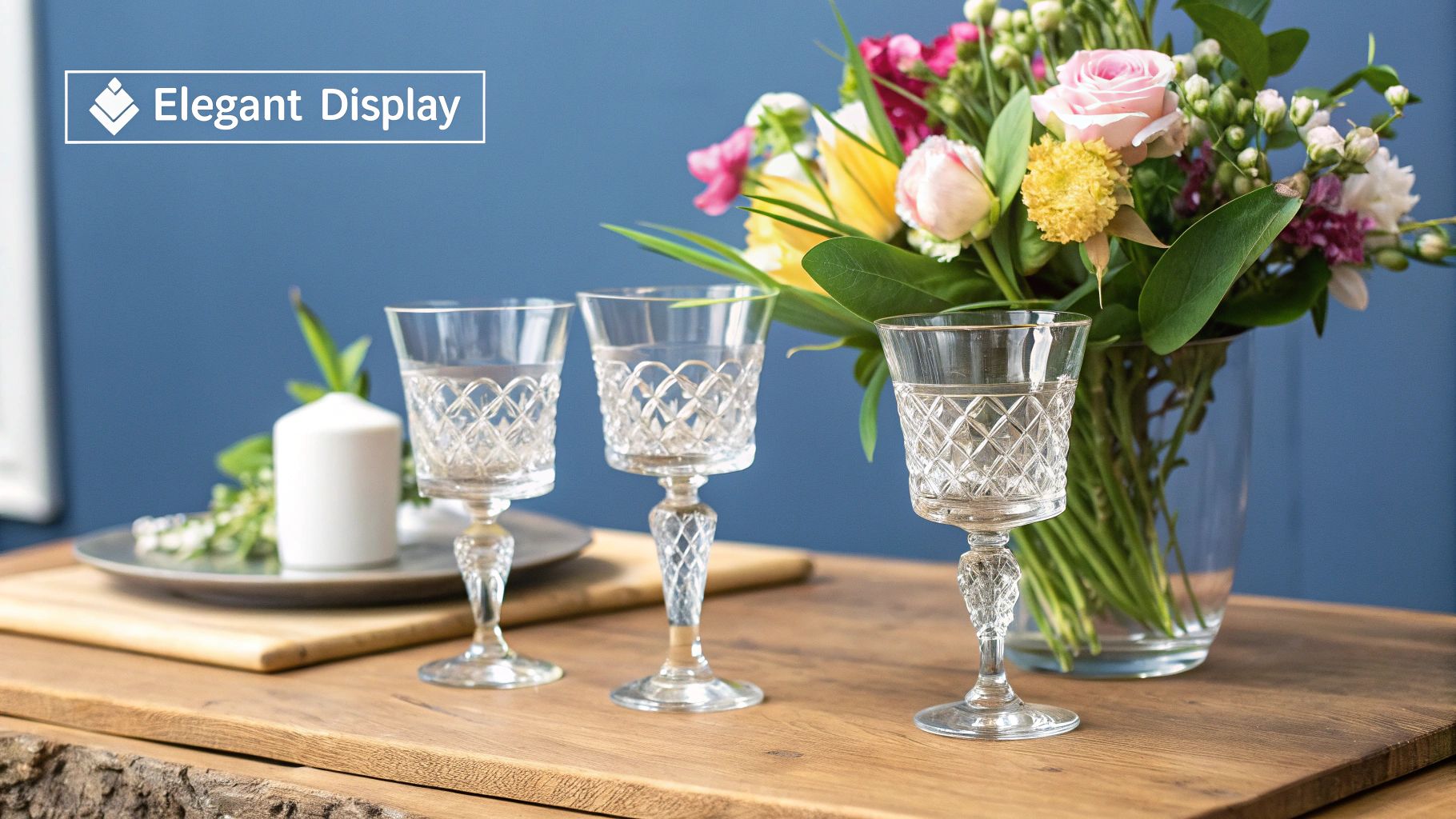 A curated collection of antique crystal glasses on a modern bar cart, blending old and new aesthetics.