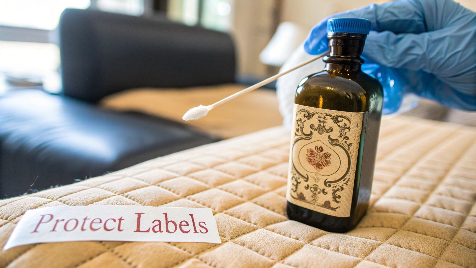 A gloved hand uses a cotton swab to clean an old glass bottle with an ornate label, next to a "Protect Labels" sign.