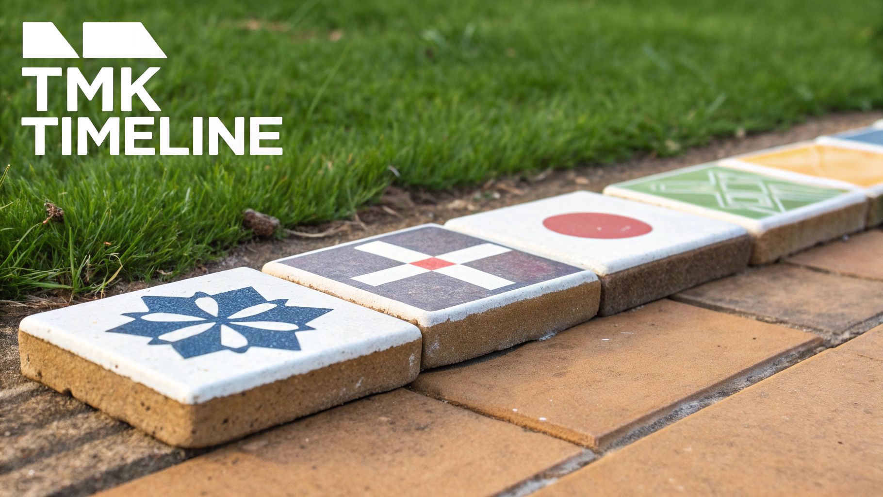 A row of decorative square tiles with various patterns on a path next to green grass and a TMK TIMELINE logo.