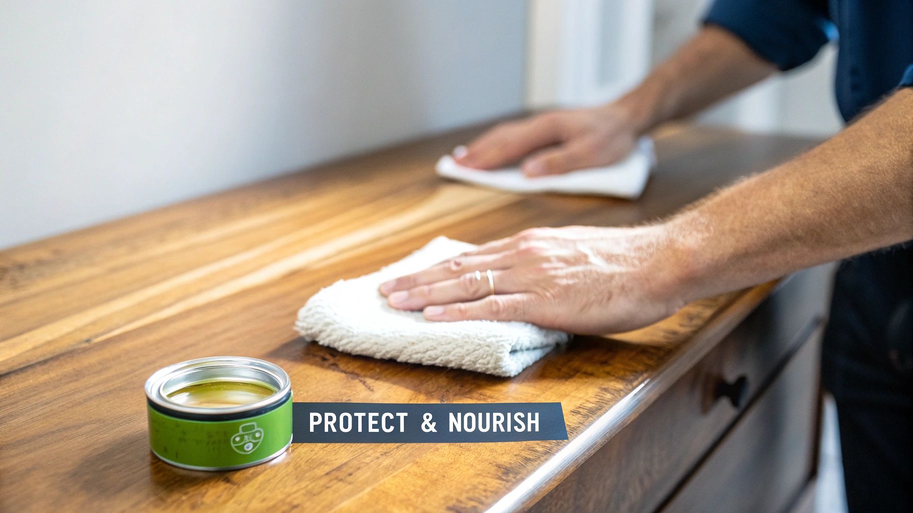 A hand applying protective wax to a cleaned antique wood surface with a soft cloth.