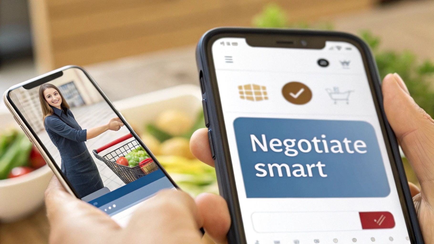 Close-up of two smartphones, one showing online grocery shopping, the other a negotiation app.