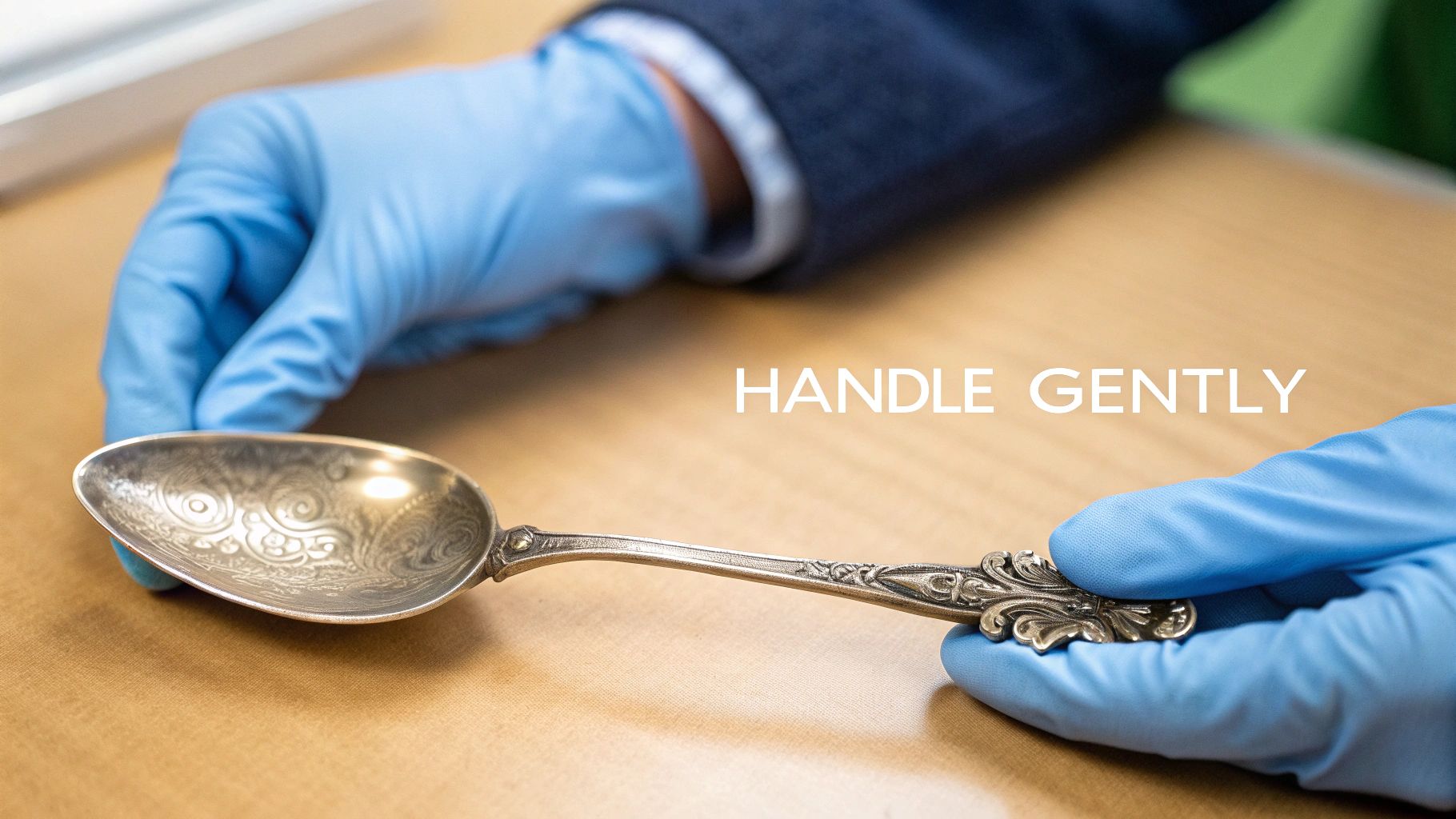 Gloved hands gently hold an ornate silver spoon with intricate engravings on a brown surface.