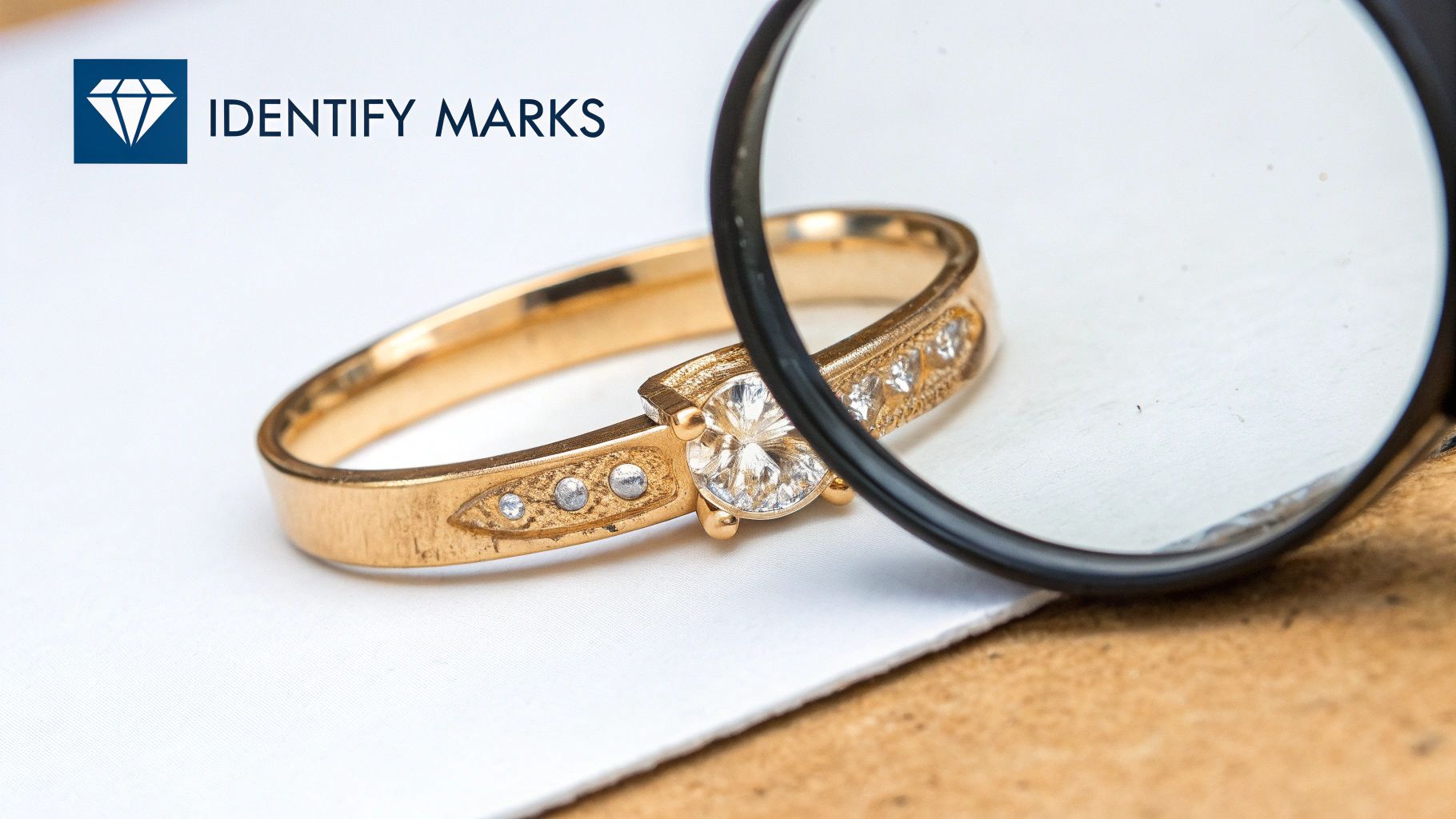 A gold diamond ring is magnified, highlighting its details and marks, against a white background.