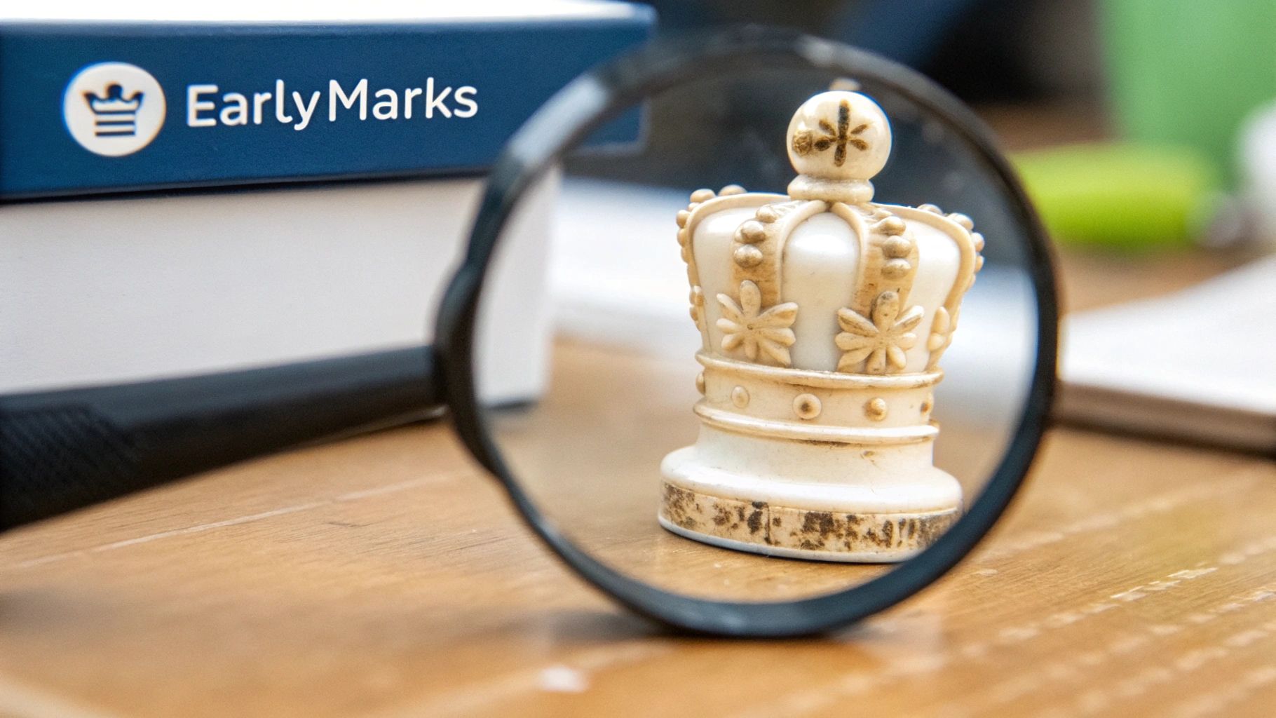Magnifying glass focusing on a detailed white chess crown piece on a wooden table, next to an 'EarlyMarks' book.