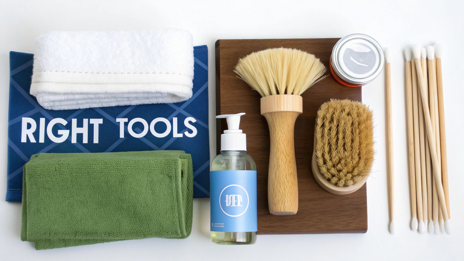A flat lay of various cleaning tools including brushes, towels, and liquid soap, arranged on a white background.