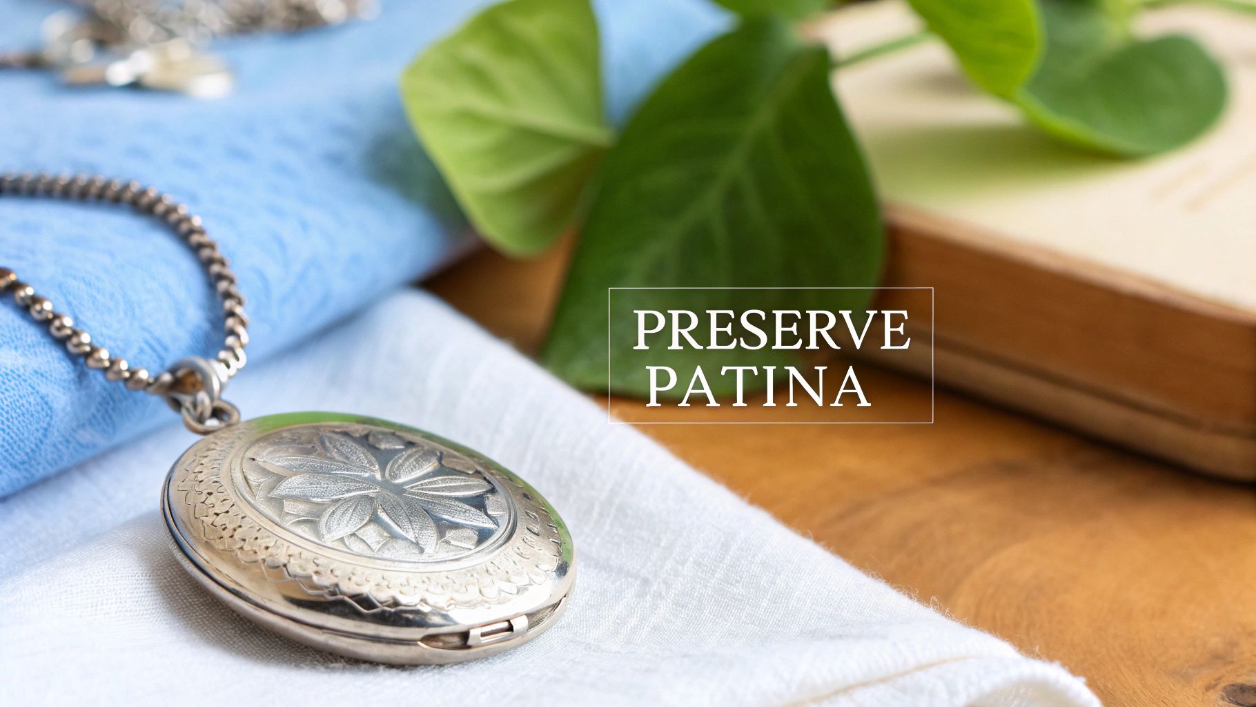 An antique silver locket with intricate floral engraving rests on a white cloth, with blue fabric and green leaves in the background.