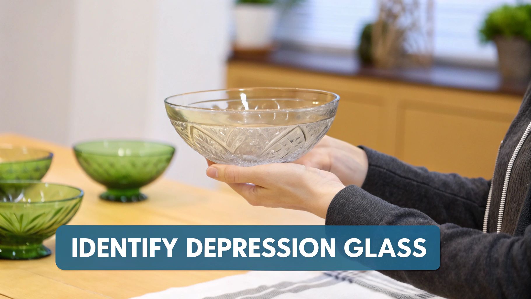 A person holds a patterned clear glass bowl, with green depression glass bowls on a wooden table.