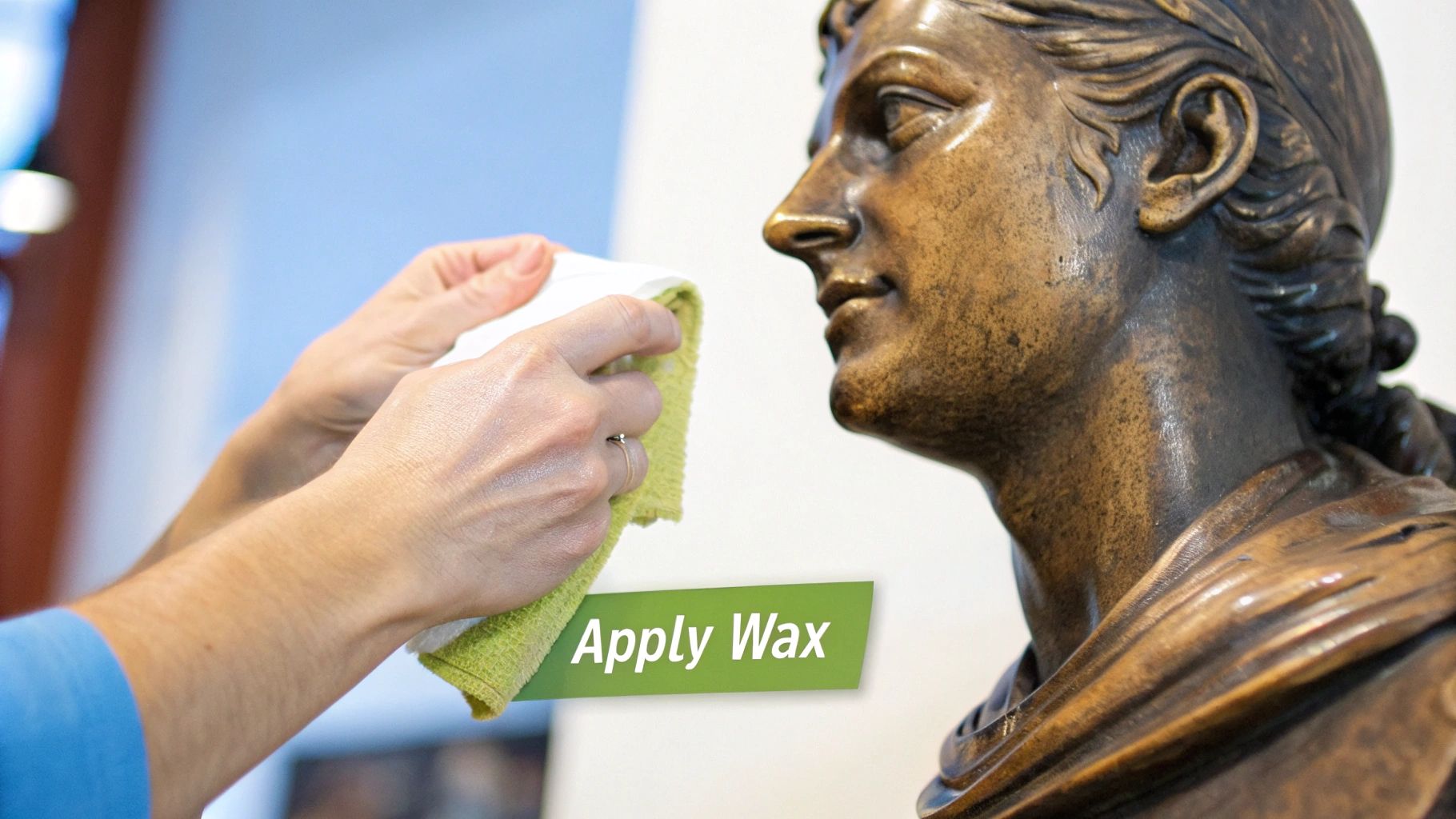 Hands gently applying wax to a bronze sculpture with a soft cloth for preservation.