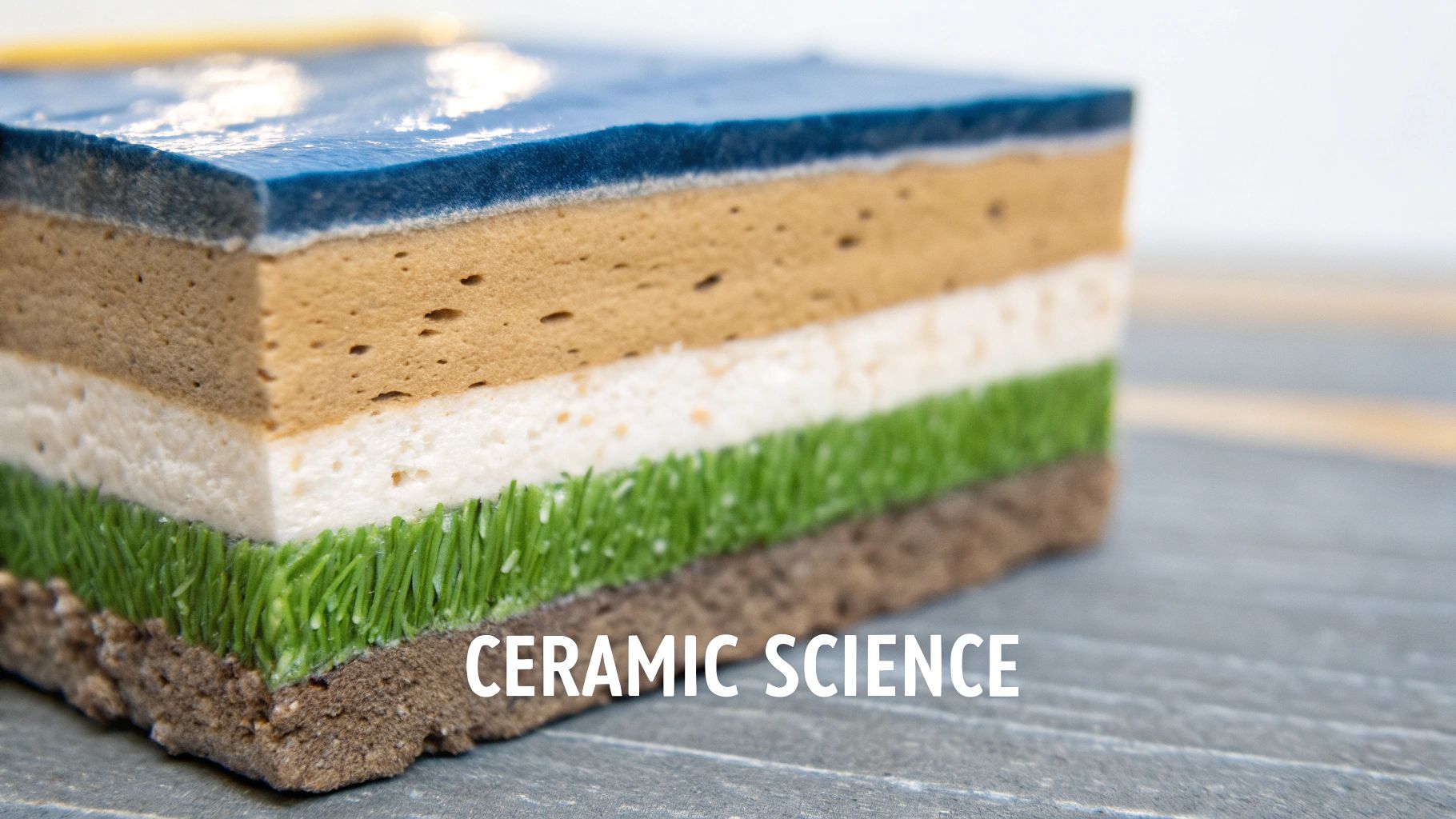 A multi-layered block with blue, tan, white, green grass-like, and brown textures, related to ceramic science.