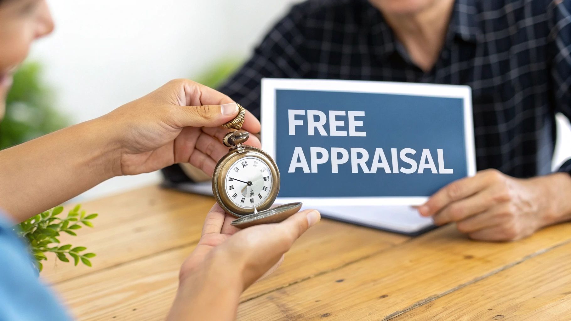 Person holding an antique vase while using a smartphone to identify it.