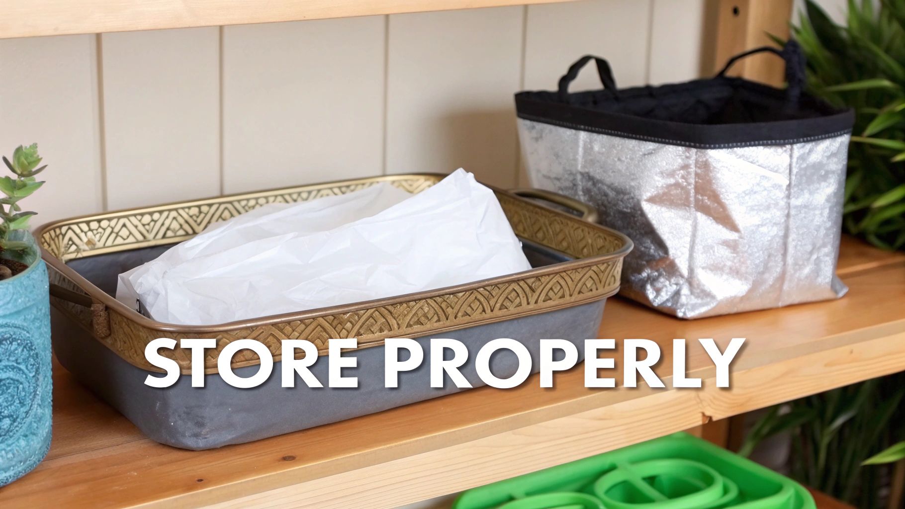 A decorative gold-rimmed tray with a white bag, a silver storage bin, and a plant on a wooden shelf.
