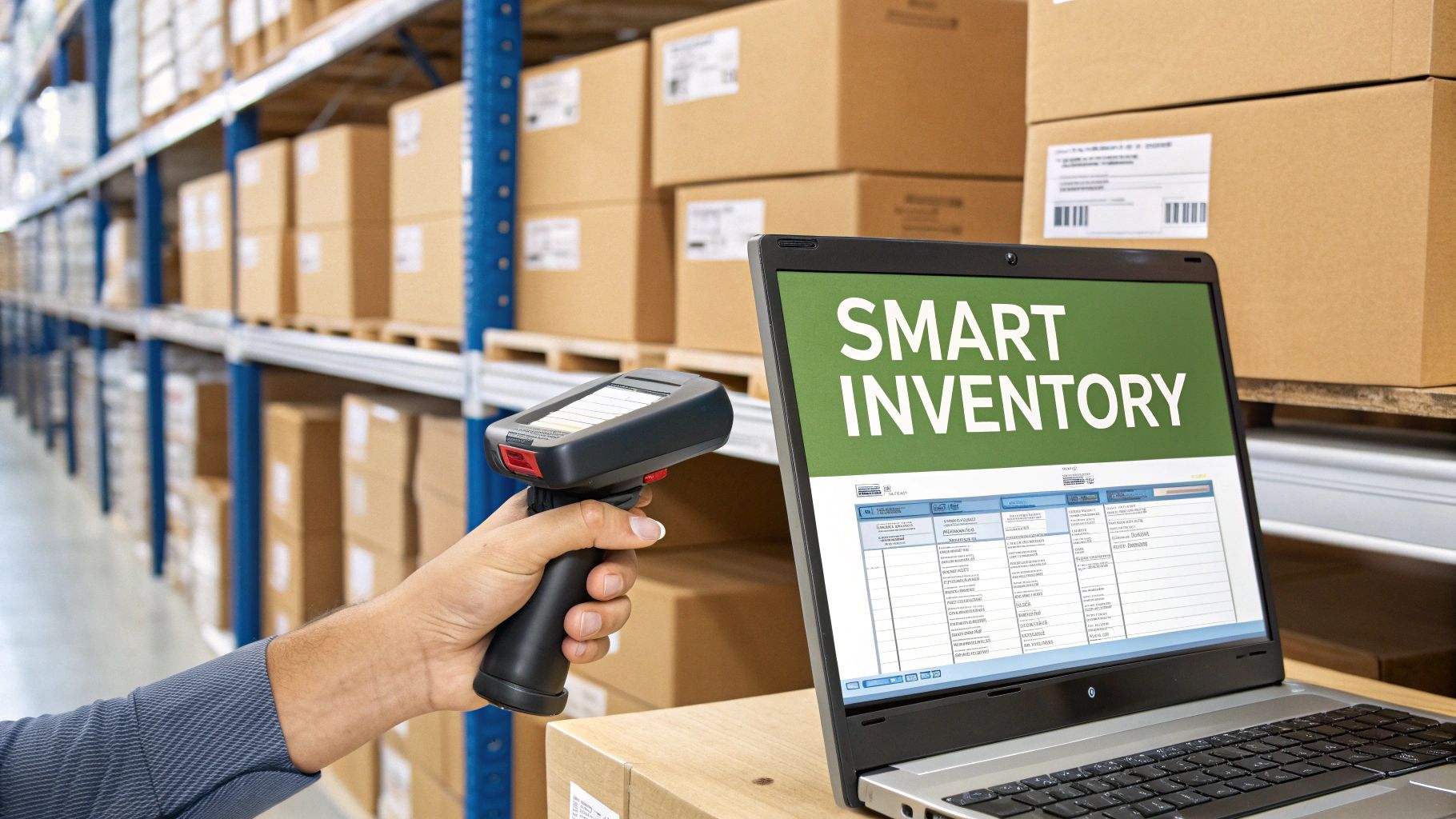 A hand holds a barcode scanner in a warehouse with a laptop showing smart inventory software.