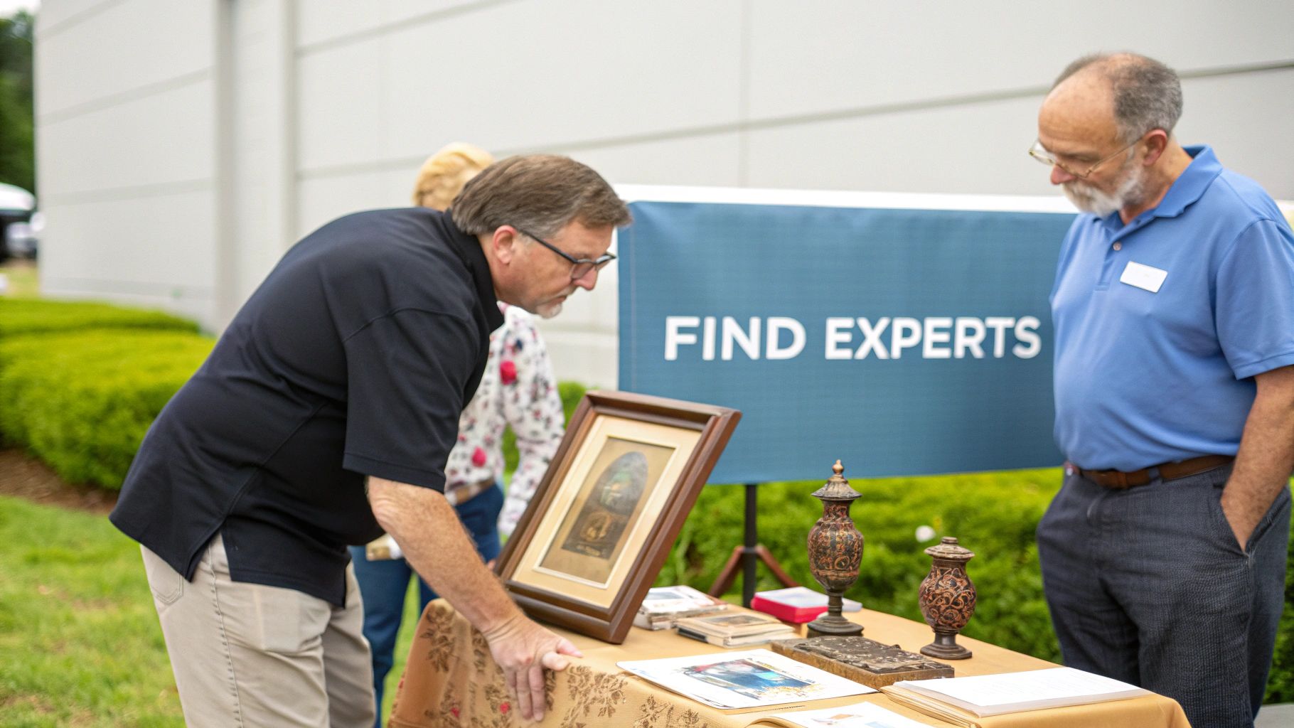 An appraiser examining an antique object closely in front of its owner.