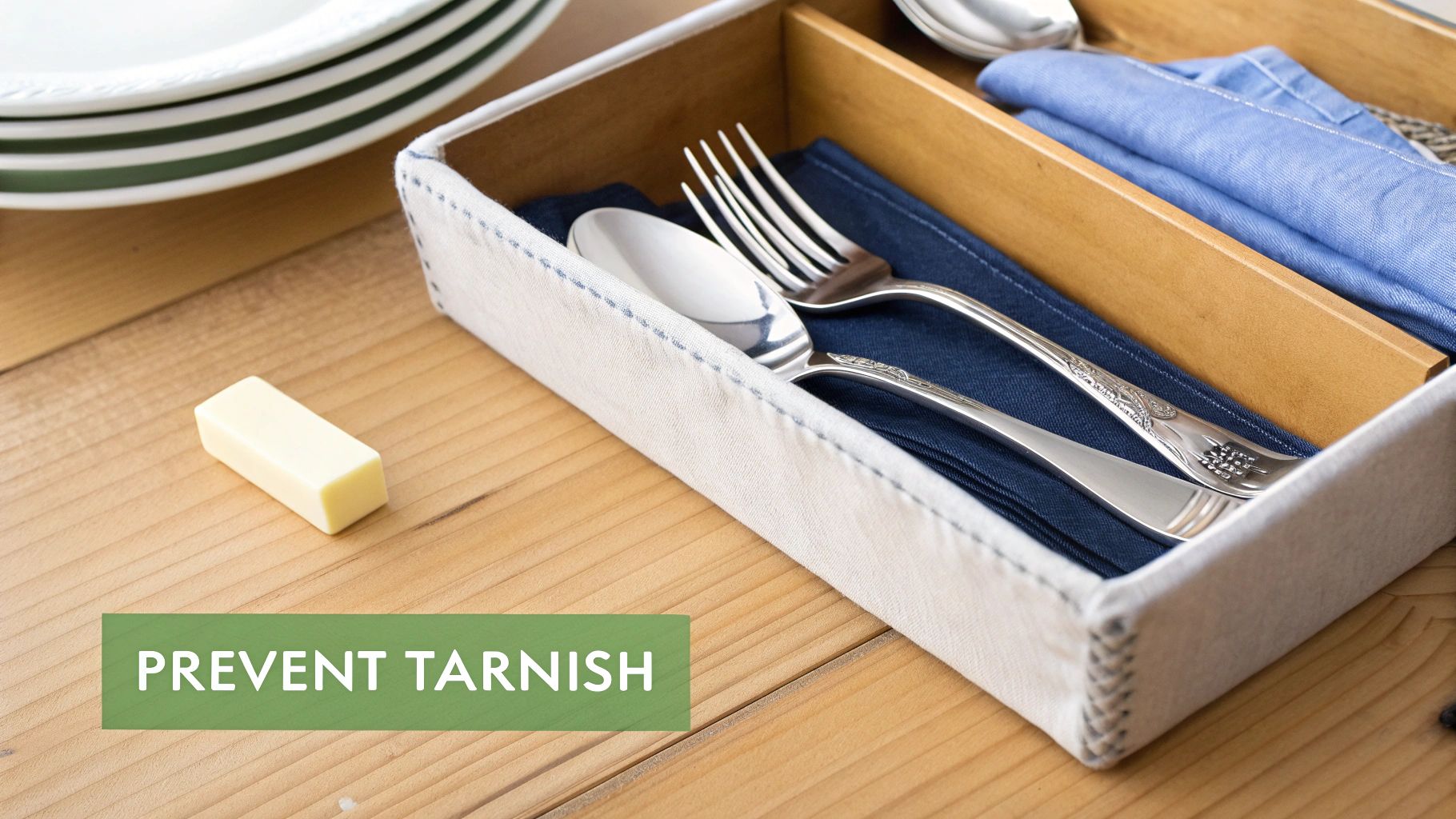 A small yellow bar, likely a tarnish preventative, sits on a wooden table next to silver cutlery.