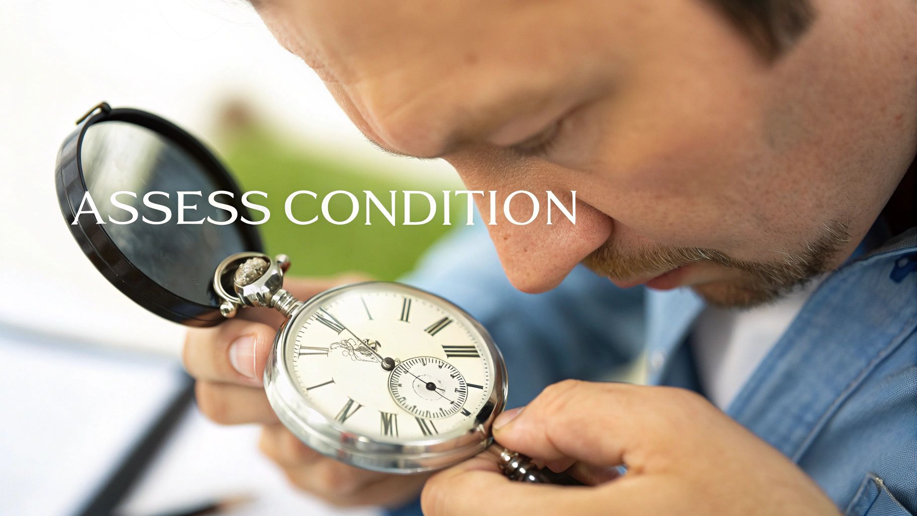 A person wearing white gloves carefully inspects the dial of an antique pocket watch with a loupe.