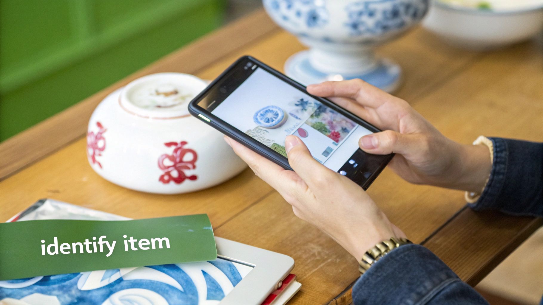 Close-up of hands using a smartphone to capture images of an antique bowl and other decorative items.