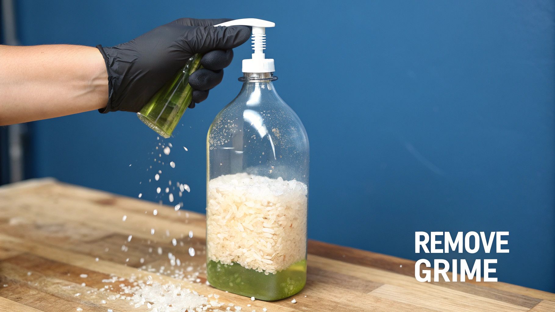 A person holding a vintage bottle with a narrow neck, showing the grime inside.