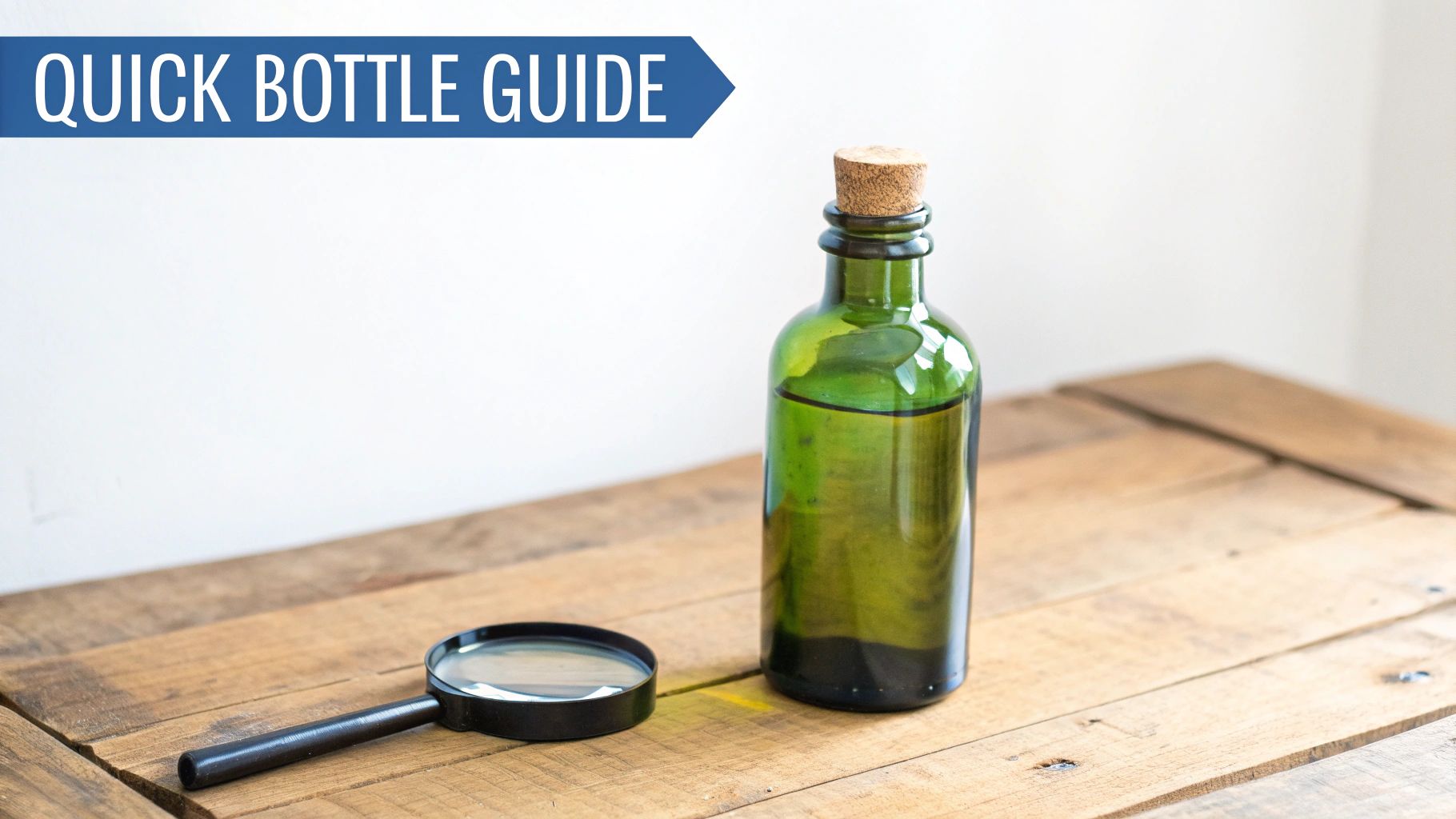 Green glass bottle with a cork stopper and a magnifying glass on a wooden table, with 'Quick Bottle Guide' banner.