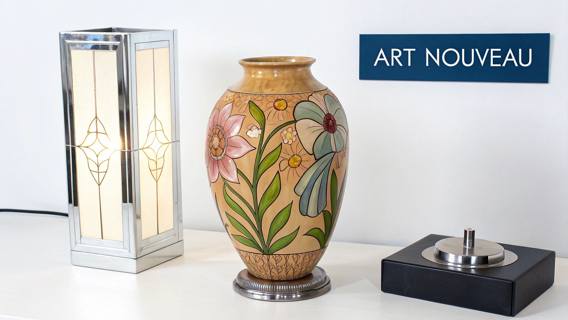 A table displays a vibrant Art Nouveau vase, an ornate lamp, and a sign reading 'ART NOUVEAU'.