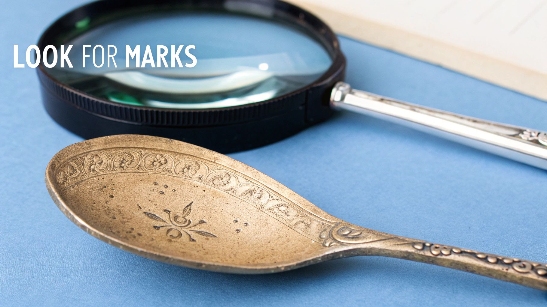 A magnifying glass and an antique ornate spoon on a blue surface, with the text 'LOOK FOR MARKS'.
