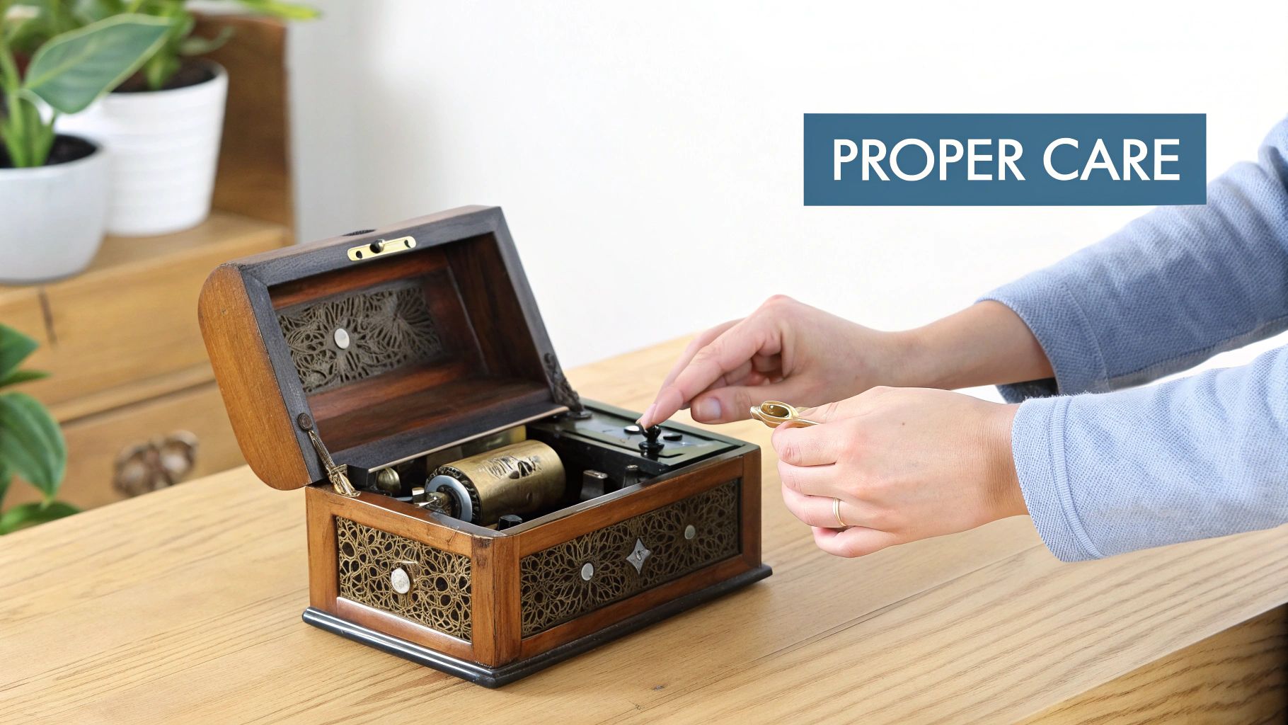 Hands interacting with an open antique music box, demonstrating proper care on a wooden table.