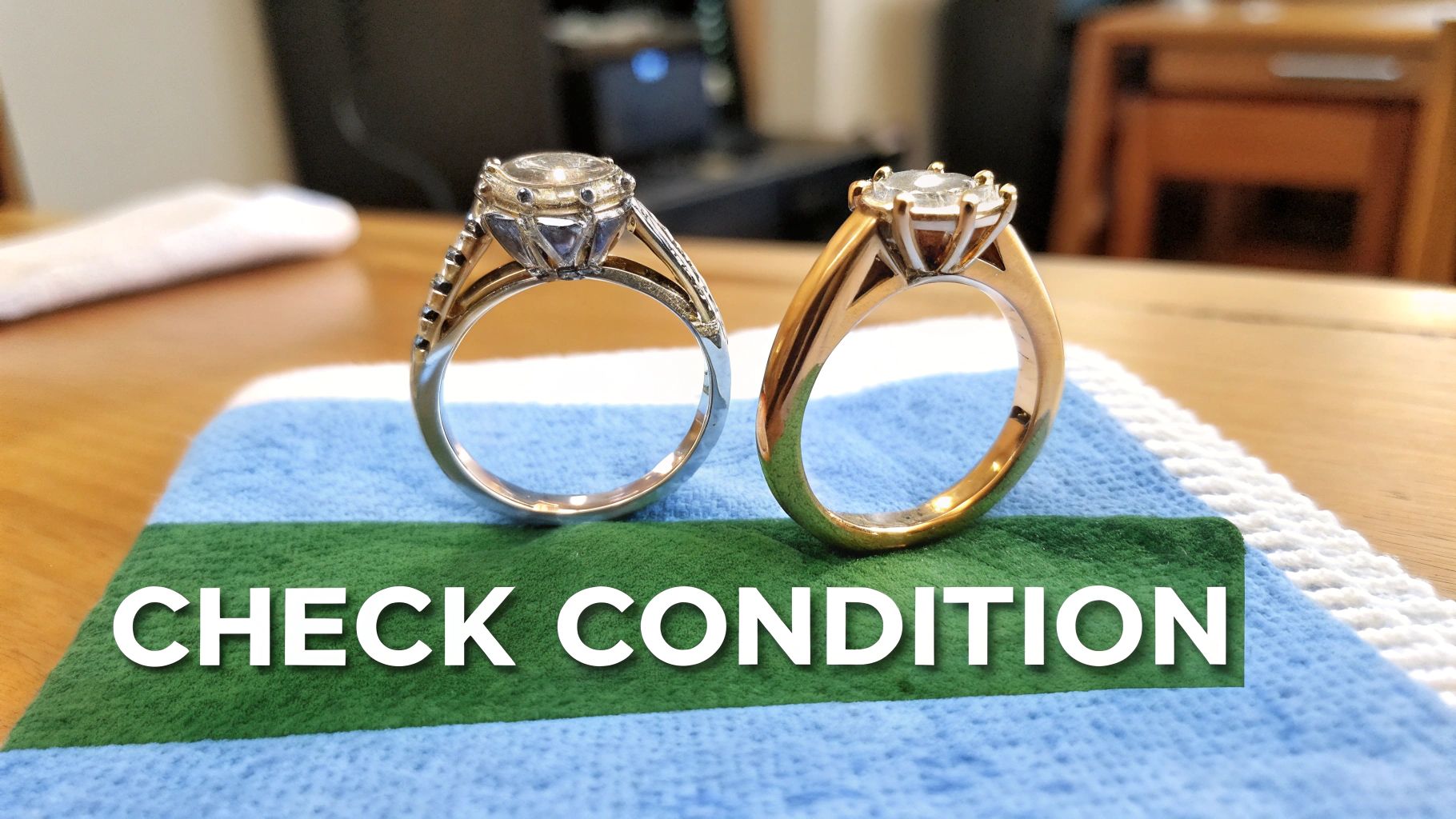 Two sparkling diamond rings, one white gold and one yellow gold, displayed on a blue and green cloth with the text 'CHECK CONDITION' overlayed.