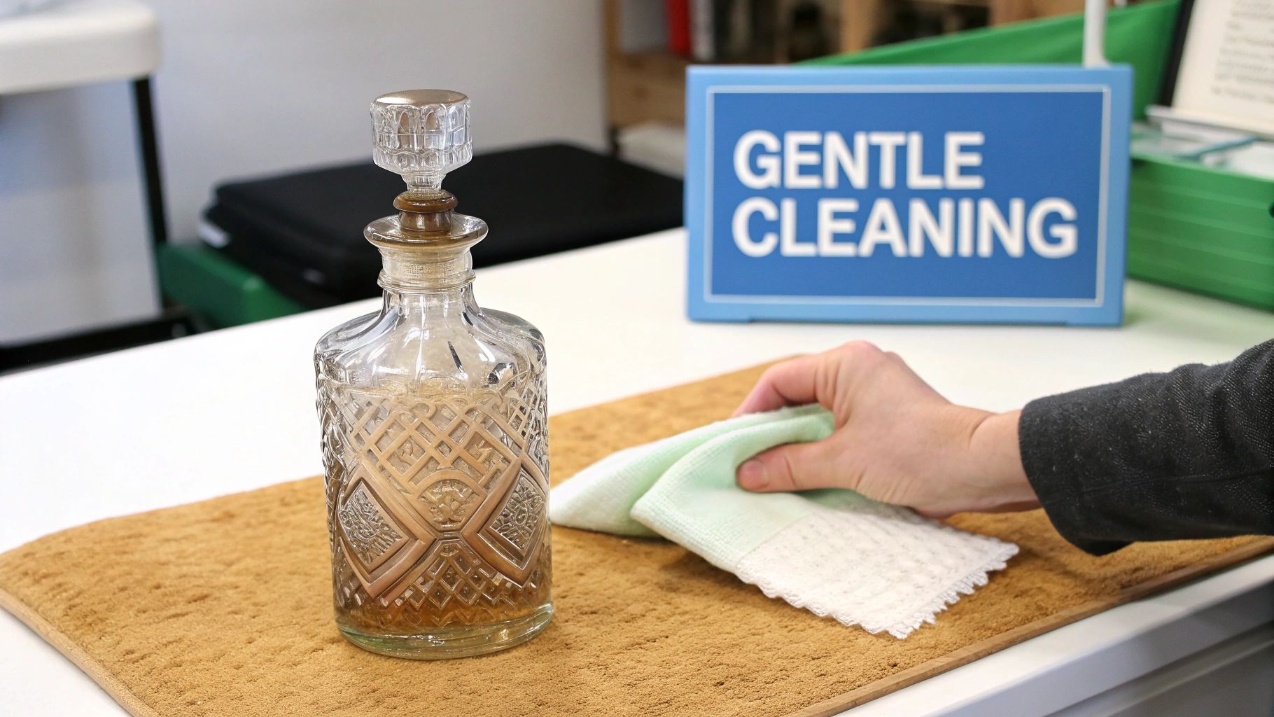 Close-up of a person gently washing a small, antique glass bottle in a sink with soapy water.