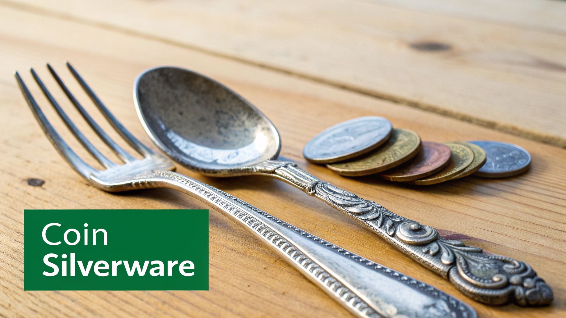 A vintage fork and spoon lie next to a stack of coins on a wooden table, with 'Coin Silverware' text.