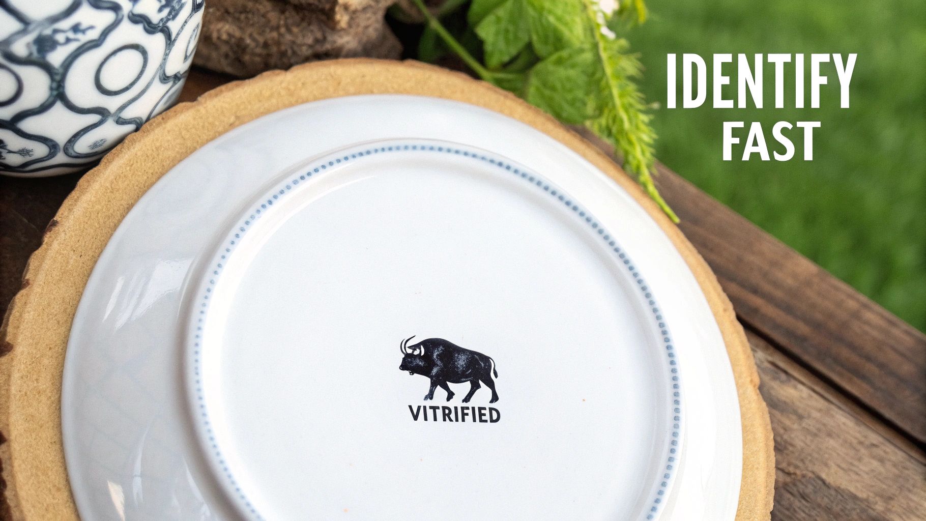 Close-up of a white vitrified plate with a buffalo logo, resting on a rustic wooden slab.