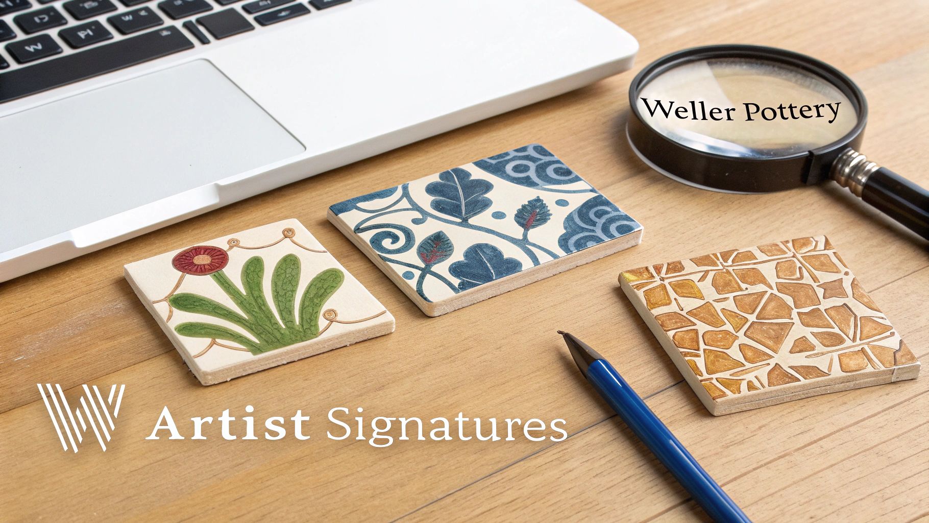 Three artist-signed pottery tiles with unique patterns, alongside a laptop, magnifying glass, and 'Weller Pottery' text.