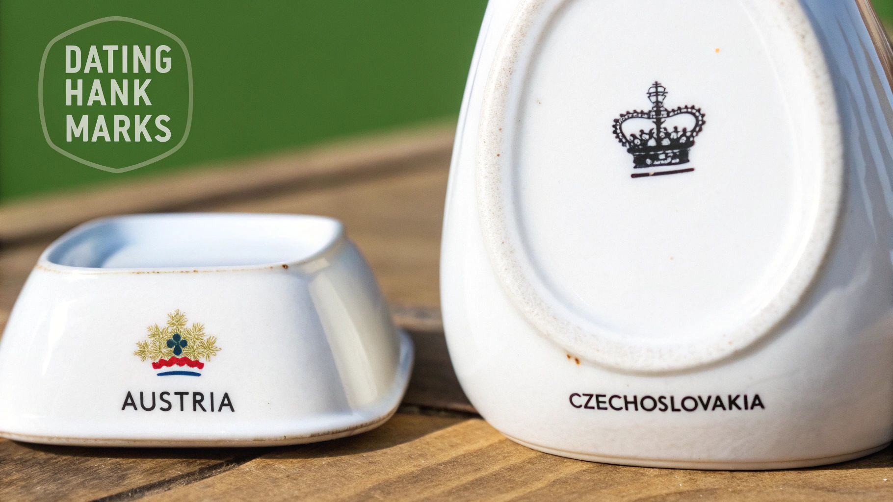 Two white porcelain items displaying country marks: Austria with a colored crown, and Czechoslovakia with a black crown.