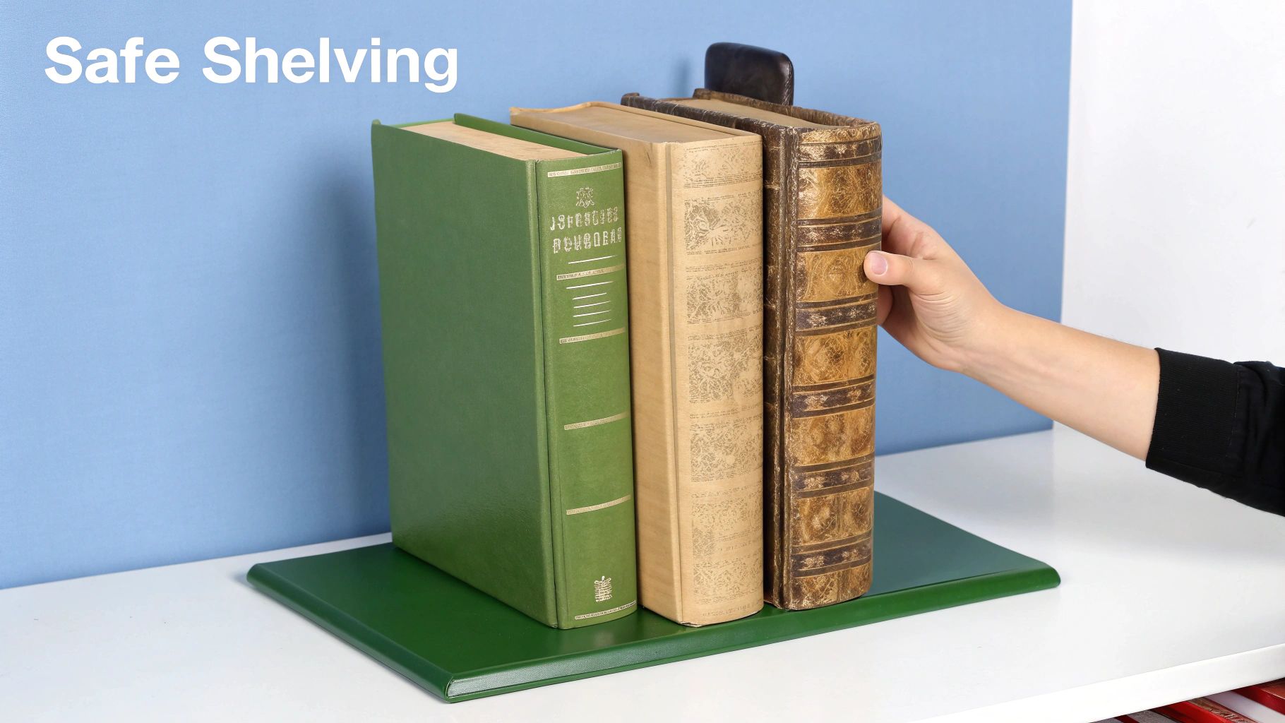 Antique books standing upright on a shelf, properly supported.