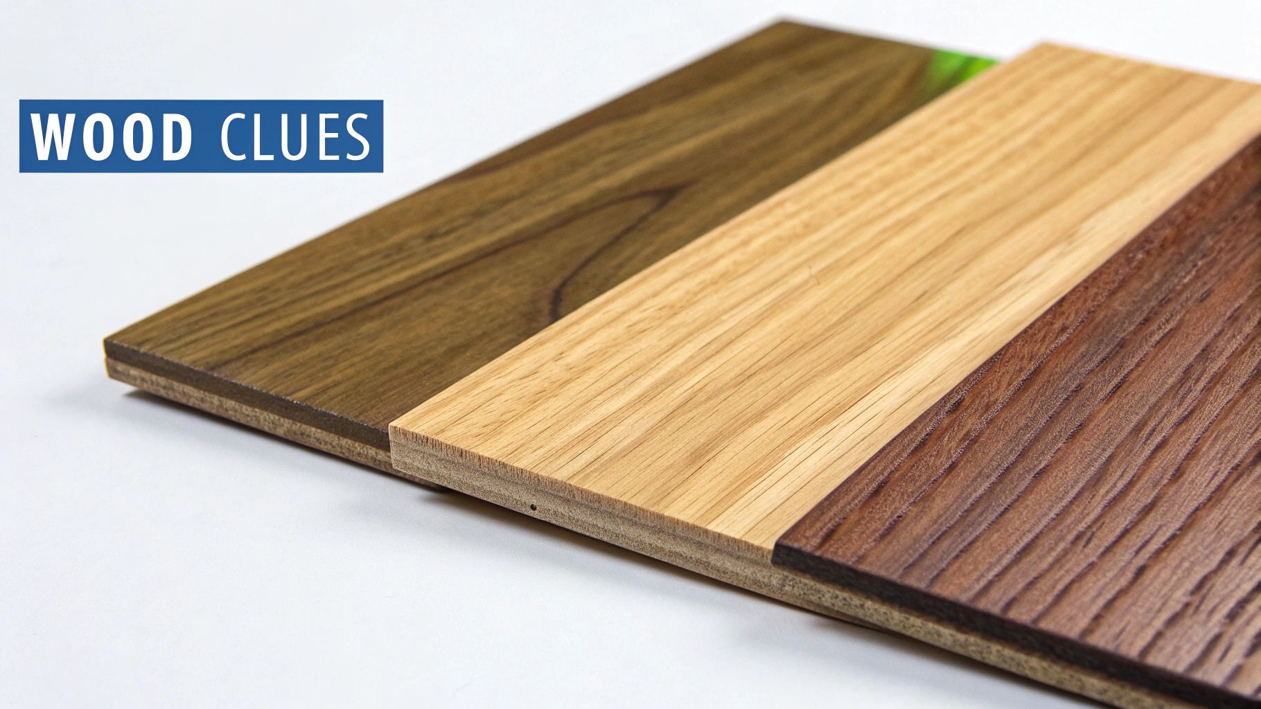 Three distinct wood samples, labeled 'WOOD CLUES', showcasing different colors, grains, and textures.