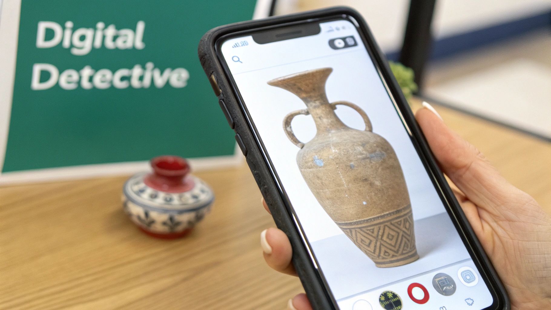 Hand holding a smartphone displaying an ancient pottery vase, with a 'Digital Detective' sign.