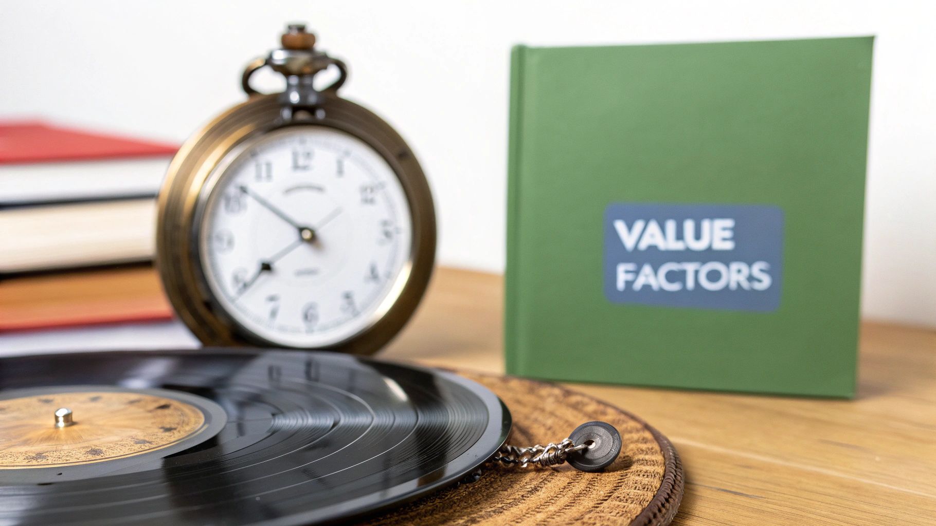 A collection of various antiques, including a clock, books, and decorative items, arranged on a wooden table.