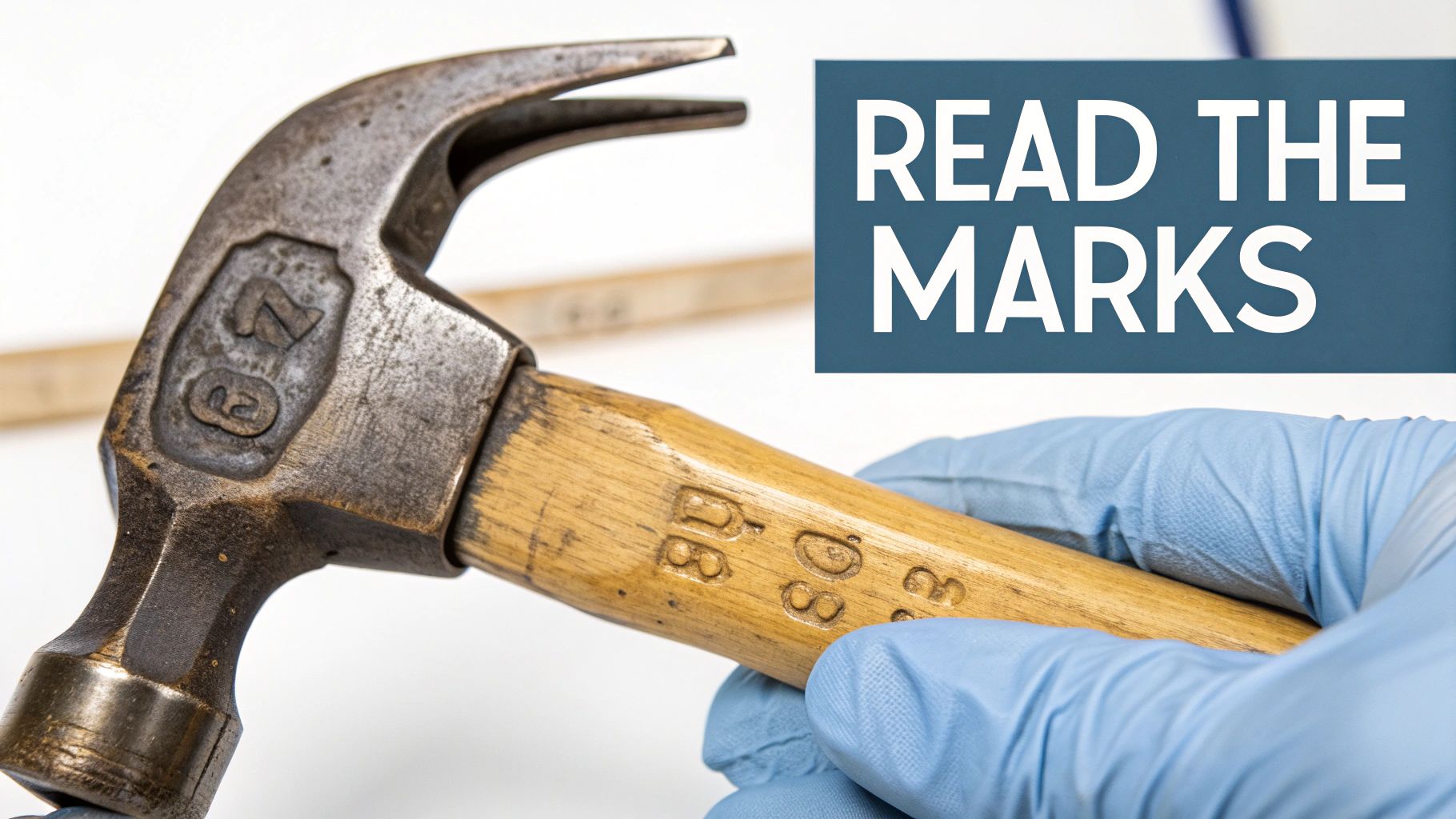 A gloved hand holds a vintage, rusty claw hammer with embossed markings next to 'READ THE MARKS' text.