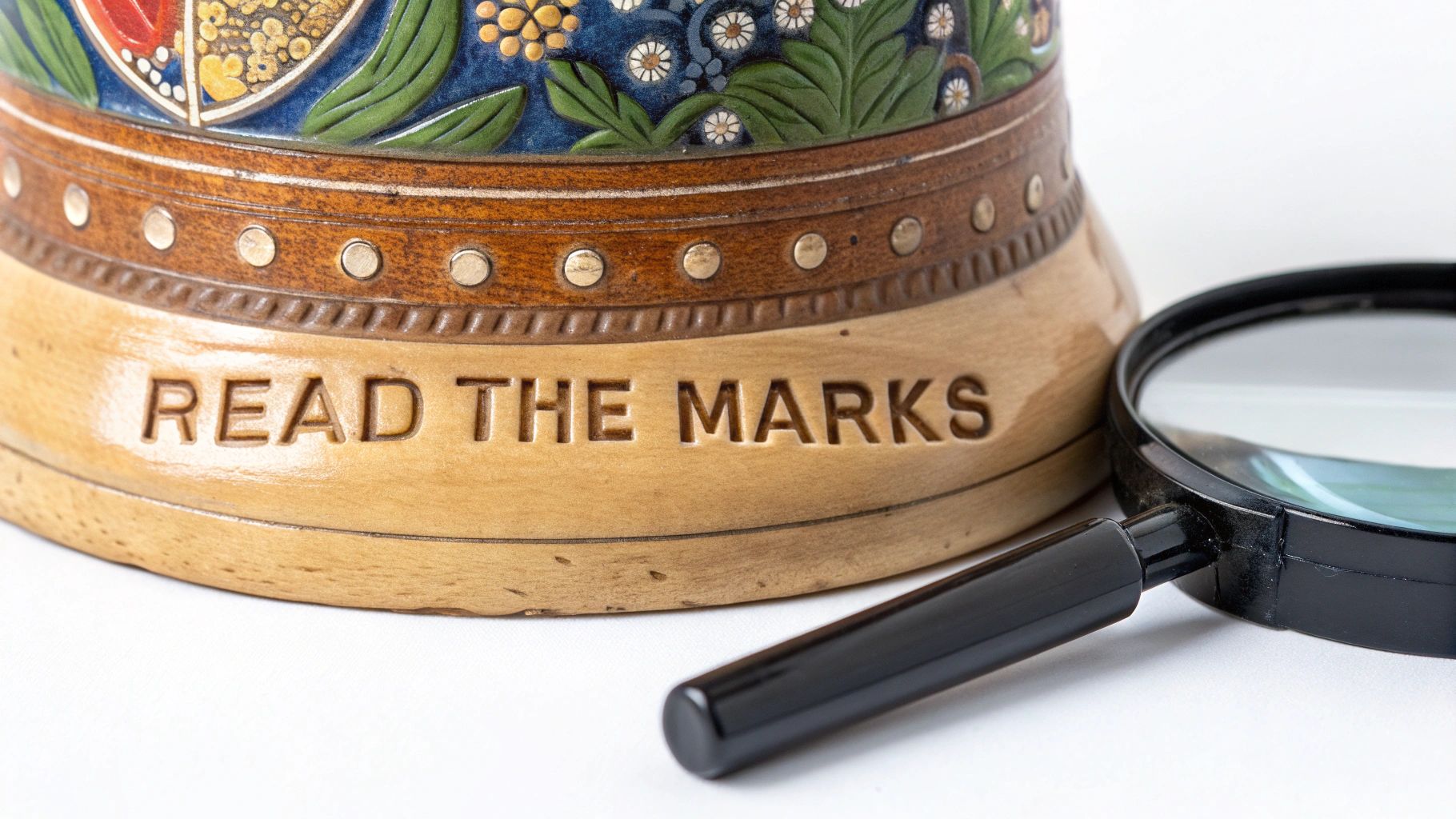 Close-up of a decorative stein base with “READ THE MARKS” carved, next to a magnifying glass.