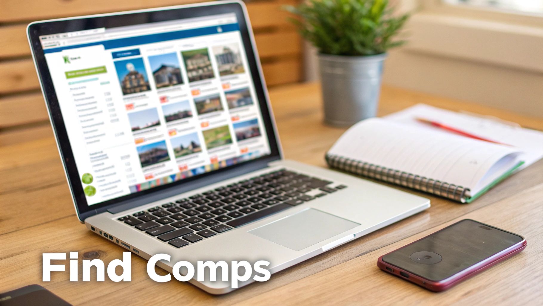 A laptop displaying real estate listings, a notebook, and a smartphone on a wooden desk.