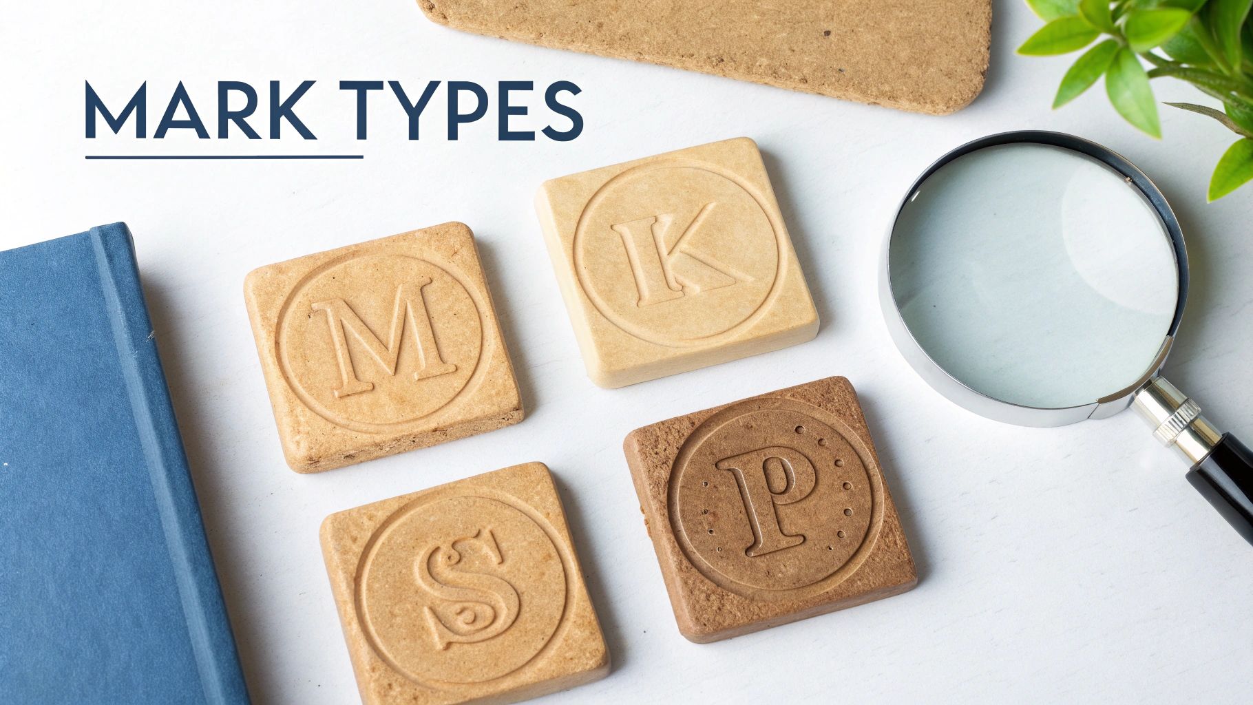 Flat lay with 'MARK TYPES' text, blocks embossed with letters M, K, P, S, and a magnifying glass.
