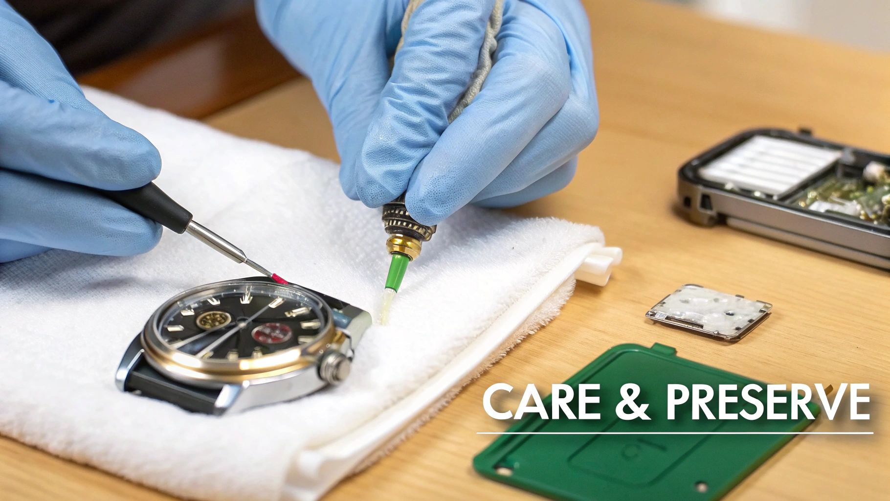A watchmaker's tools, including tweezers and screwdrivers, are laid out on a dark surface, ready for delicate work on a watch.