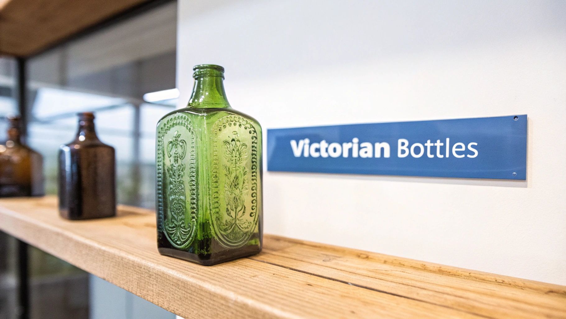 A green ornate Victorian bottle prominently displayed on a wooden shelf, with other brown bottles blurred in the background and a blue sign stating 'Victorian Bottles' on the wall.