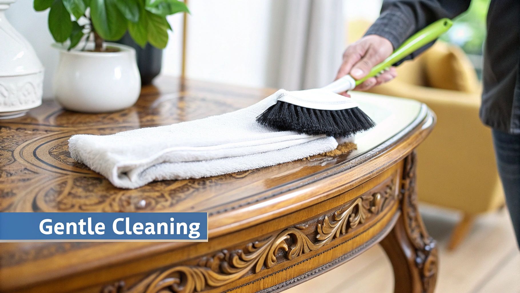 A person gently wiping an antique wooden table with a soft, damp cloth along the grain.
