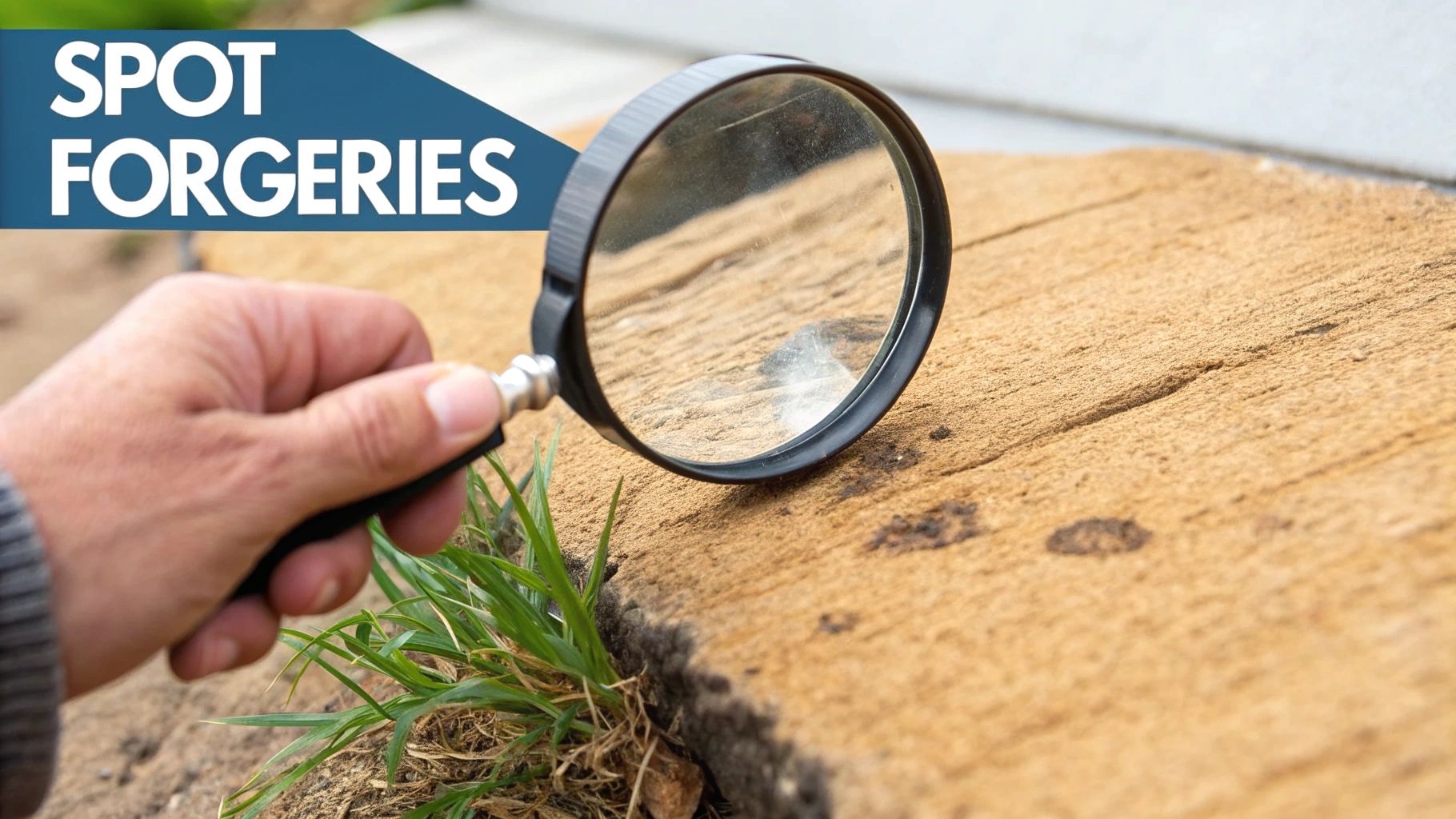 A hand holds a magnifying glass over a textured surface with green grass, to spot forgeries.